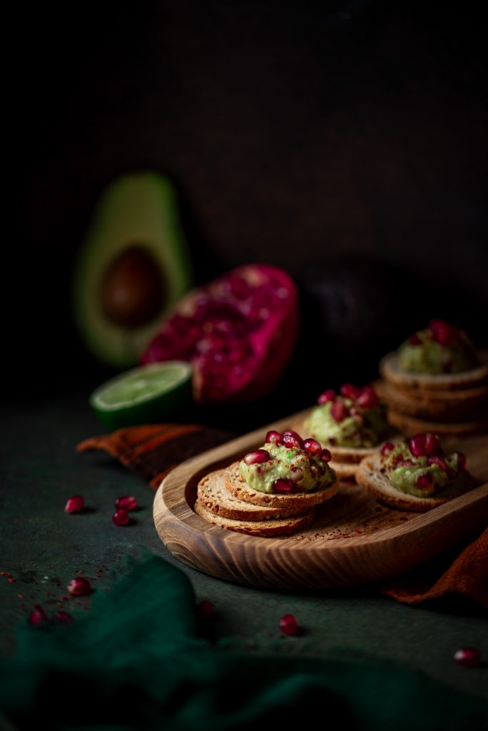 Vegan Avocado festive bites with pomegranate
