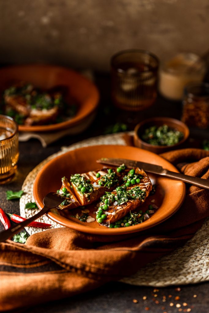 Sweet Potato Boats loaded with pesto and peas
