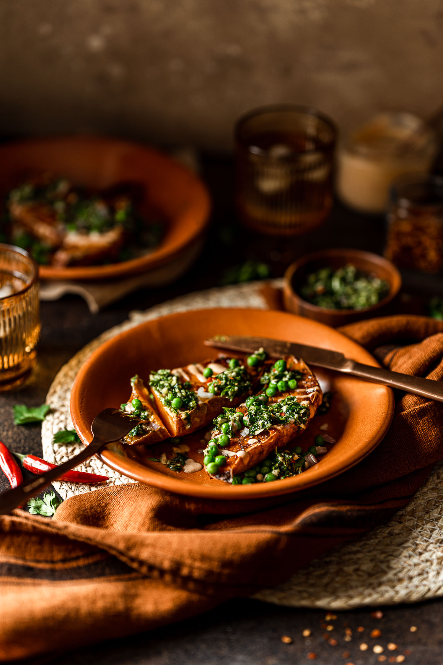 Sweet Potato Boats loaded with pesto and peas