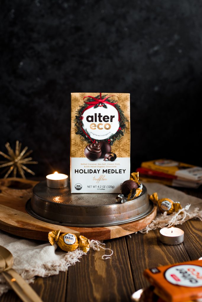 Alter Eco truffles in packaging in a holiday scene