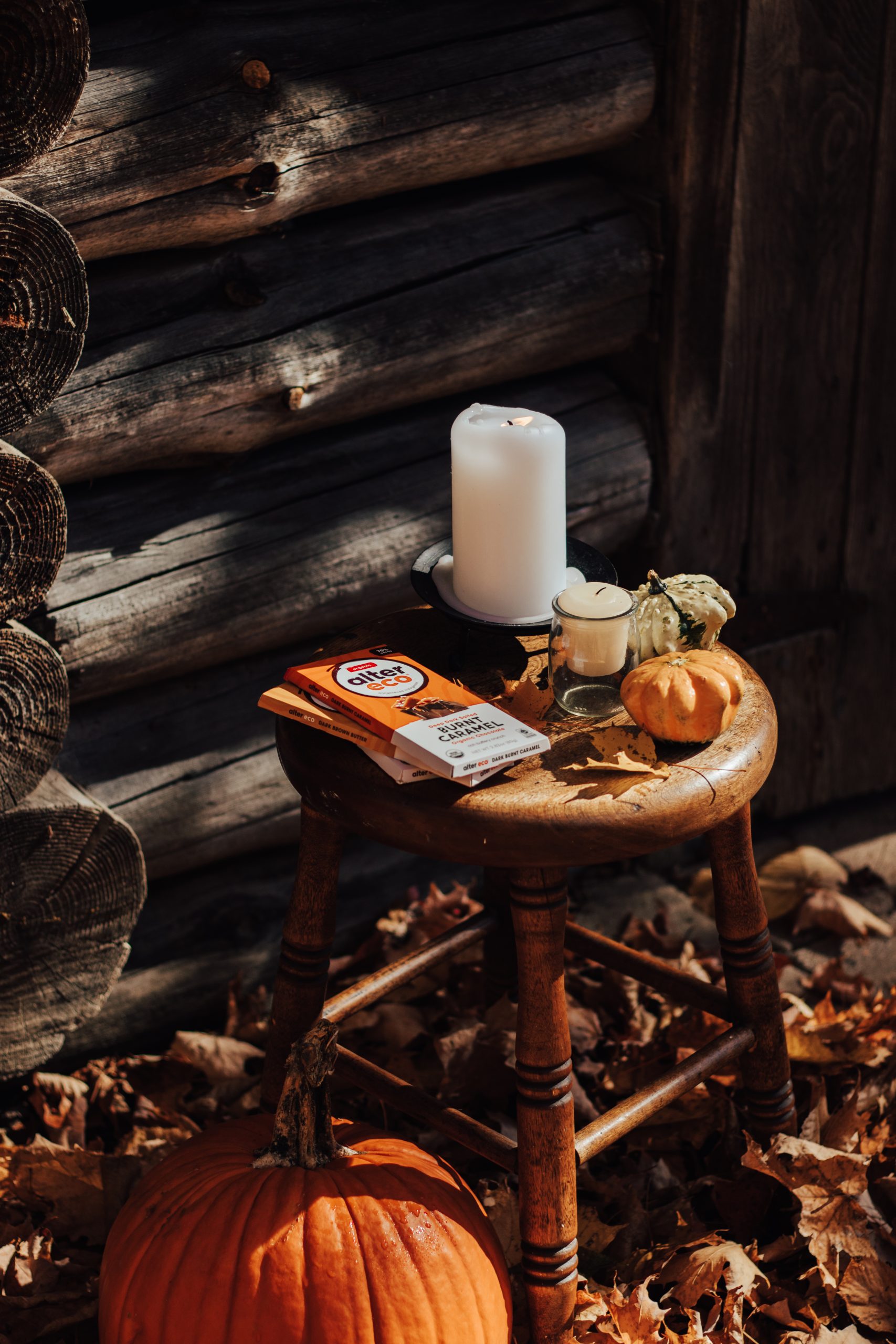 Fall scene with chocolate bar on stool