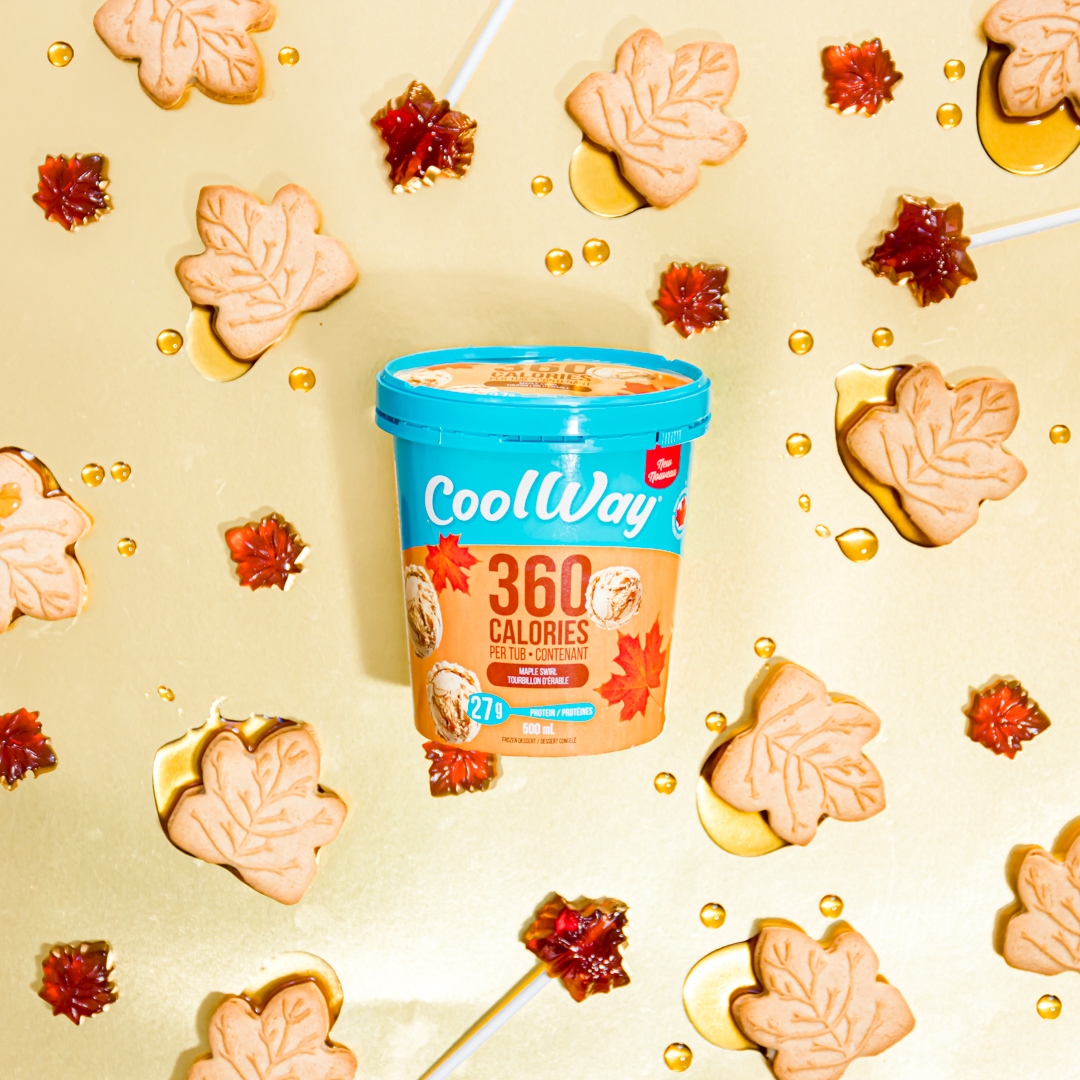 Ice cream tub surrounded by maple cookies and maple candies