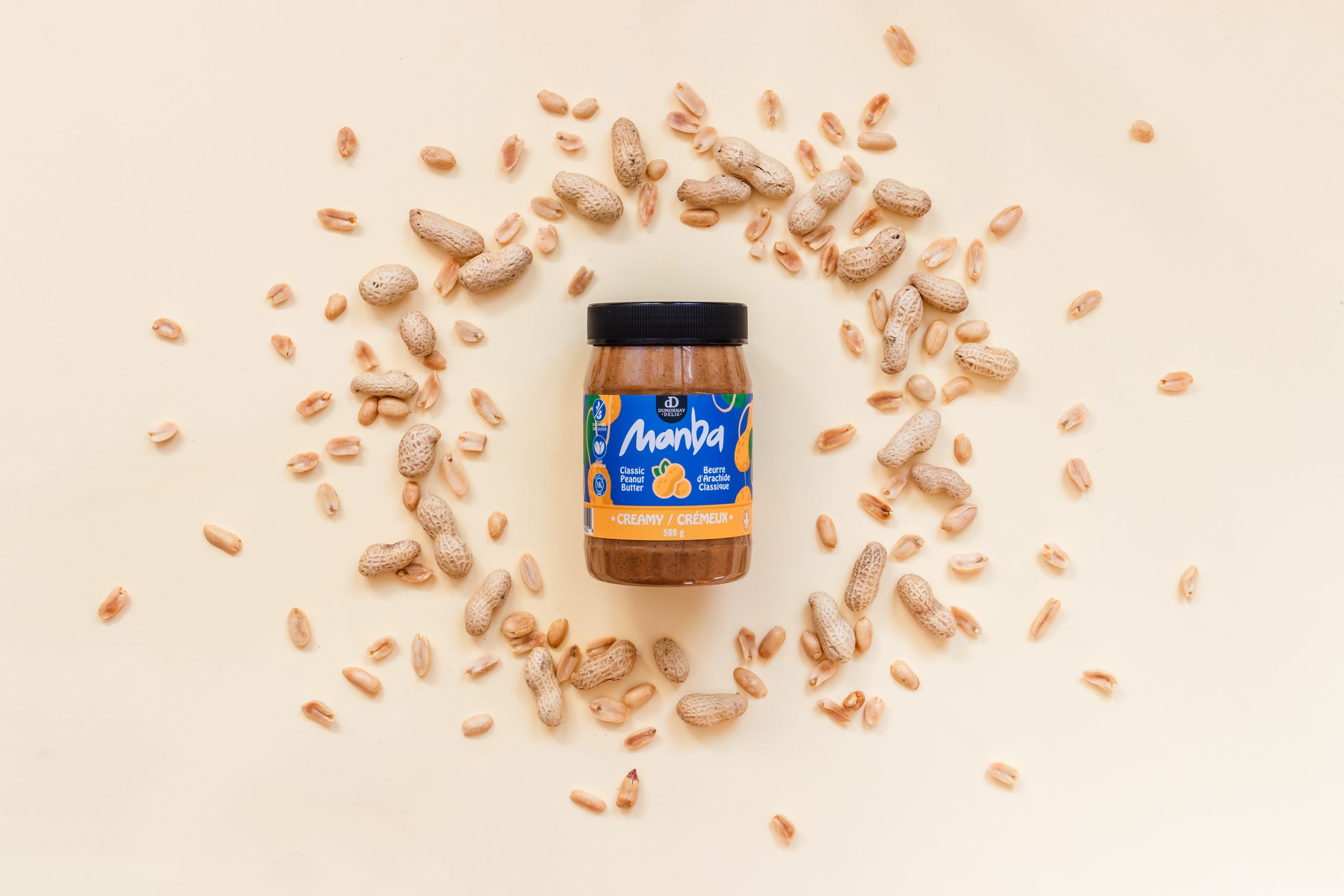 Peanut butter jar surrounded by peanuts
