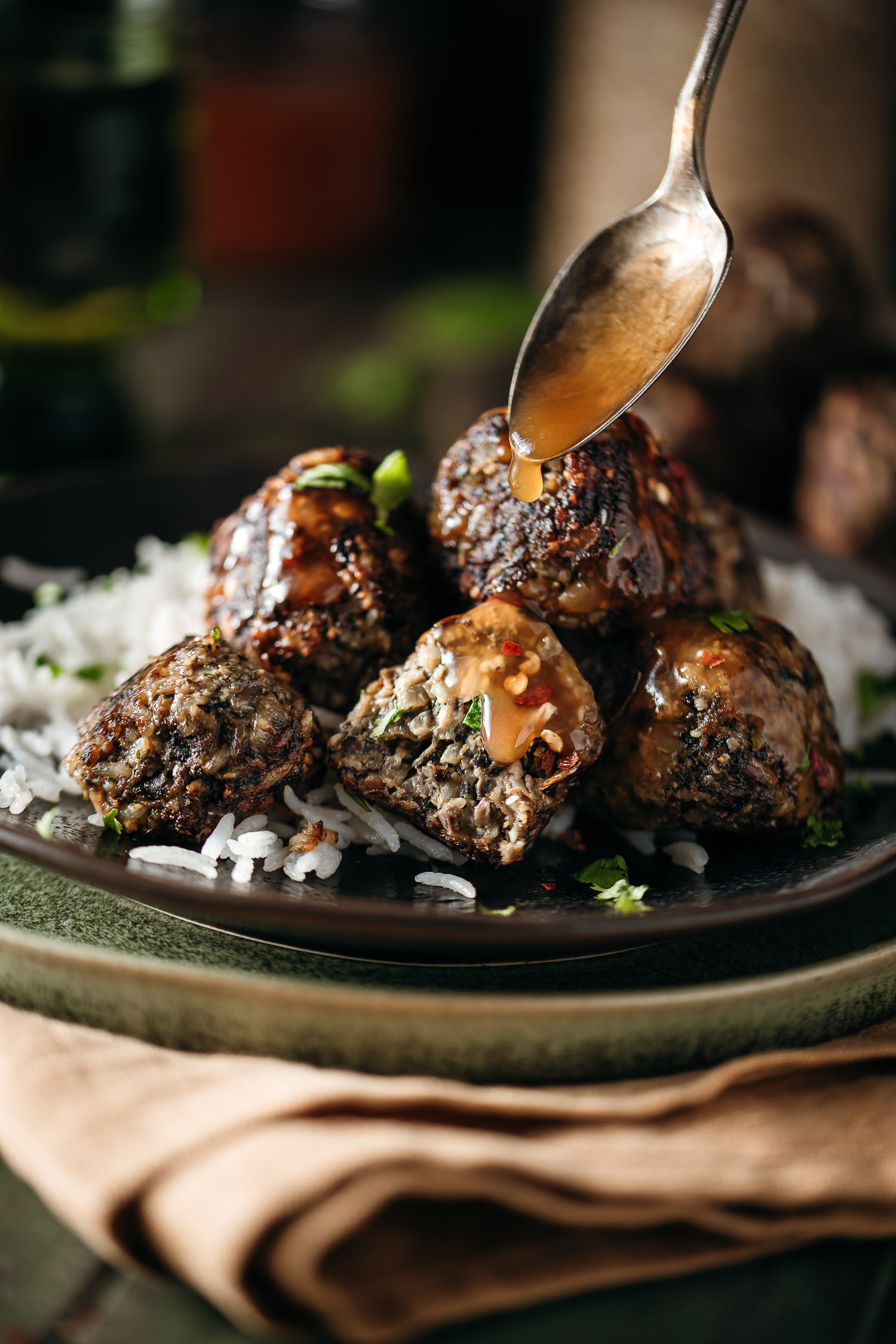 Vegan shiitake and rice meatballs with sweet and sour sauce