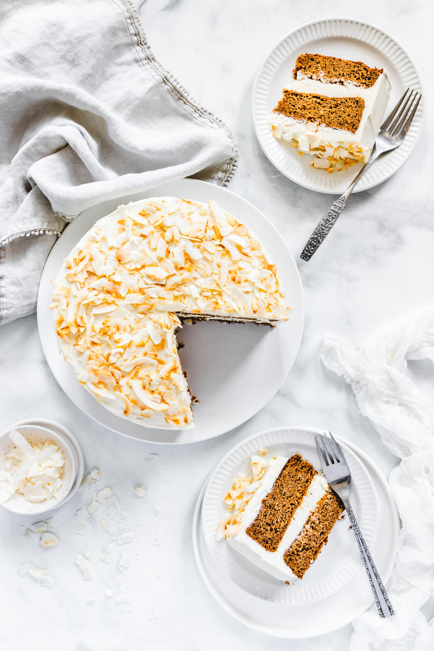 Overhead of simple mills layered cake with slices taken out