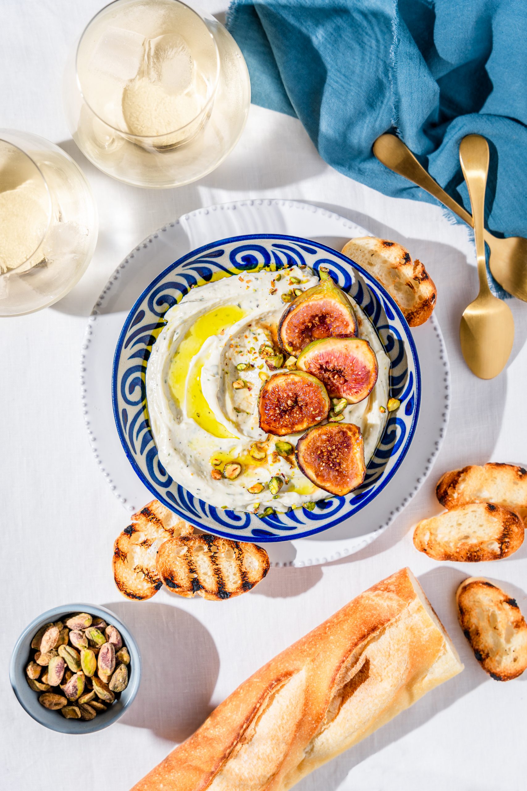 Vegan feta dip with grilled croutons and pistachios