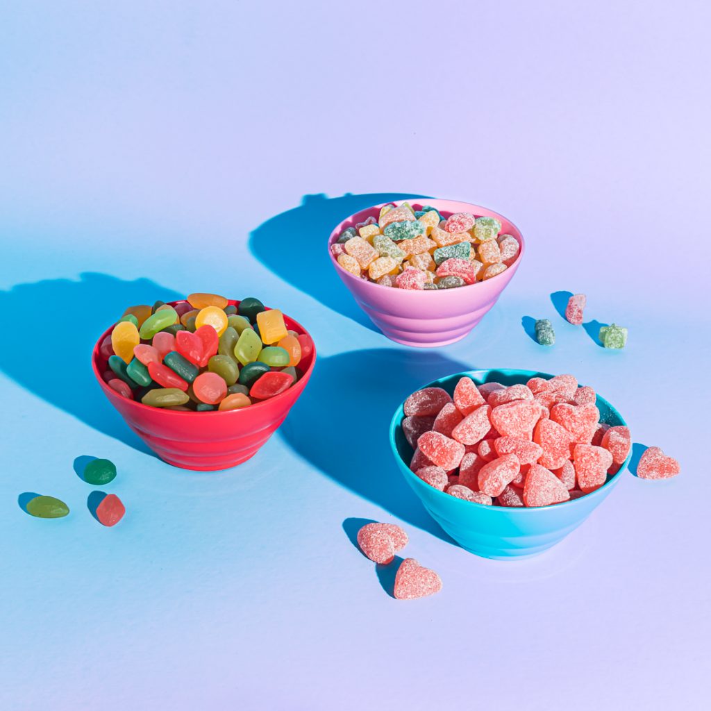 Candies in small bowls ready to eat