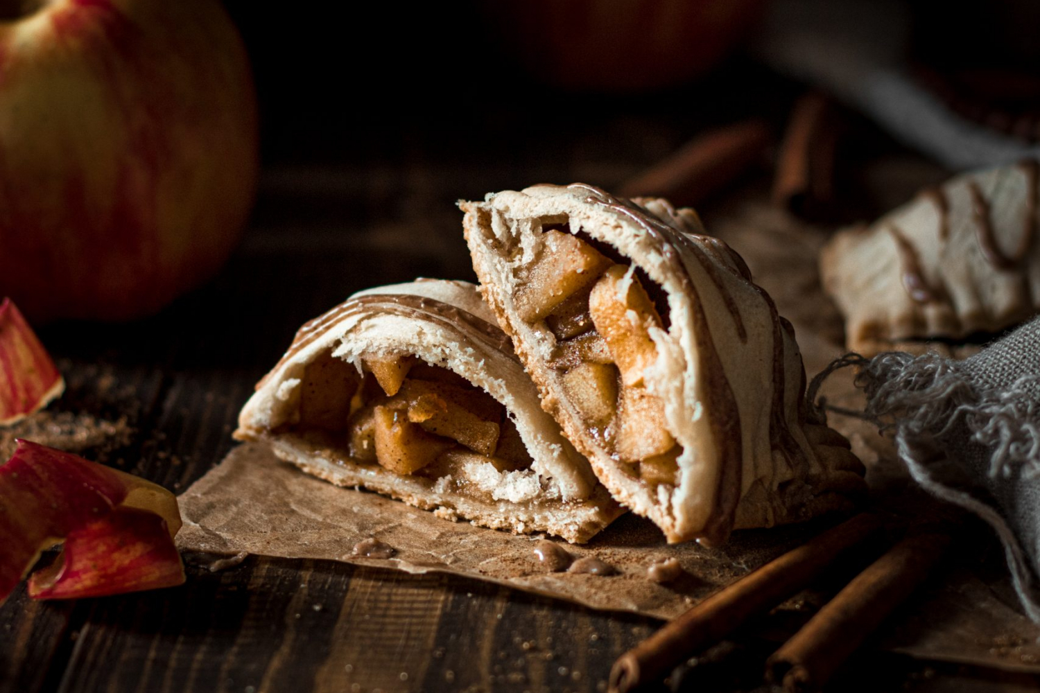 Apple bourbon pop tart, cut in half with center showing