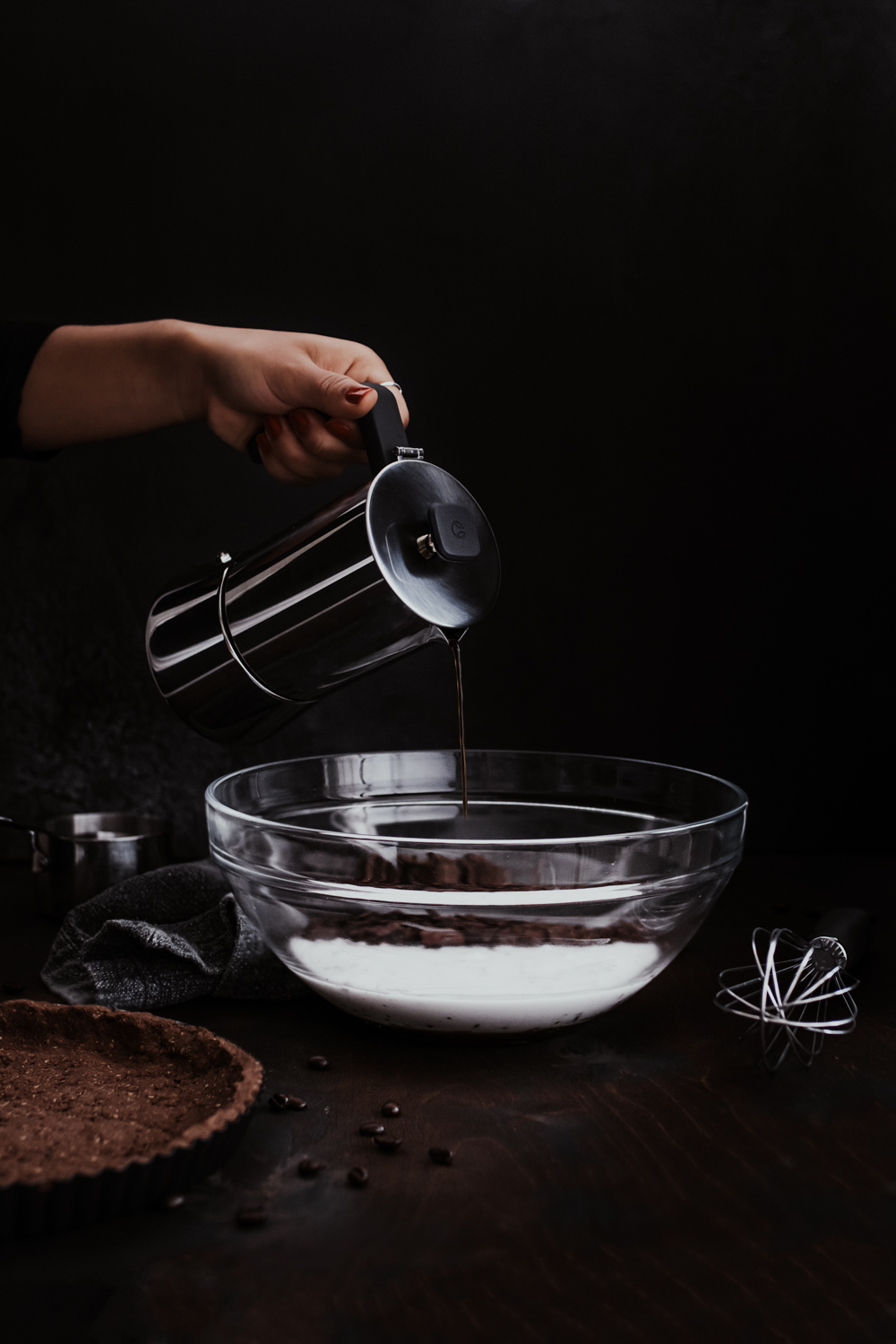 Espresso poured into a bowl with dark chocolate