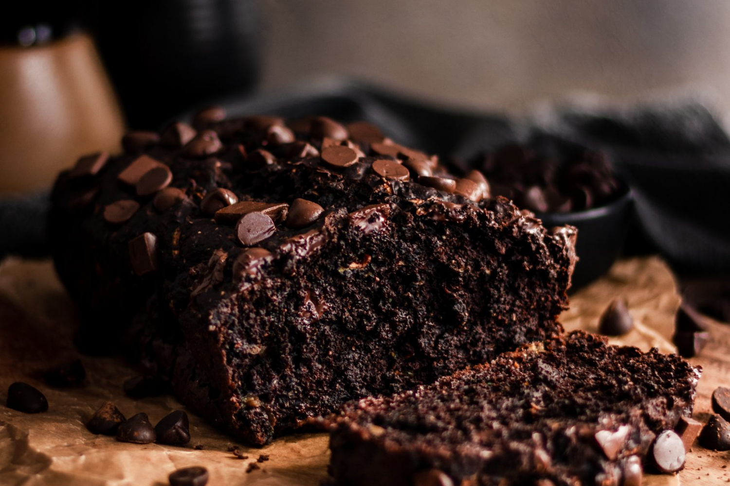 Double chocolate zucchini bread with slice fallen out.