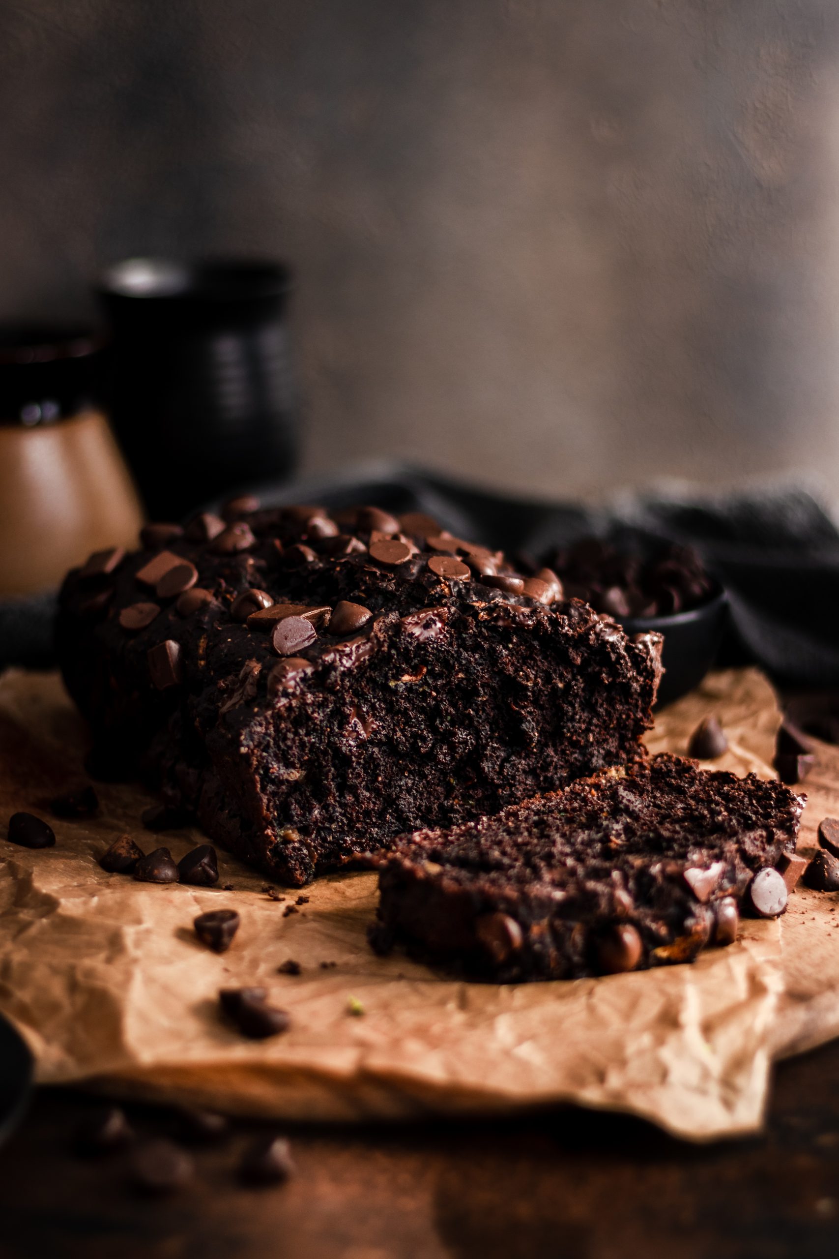 Double chocolate zucchini bread with slice fallen out.