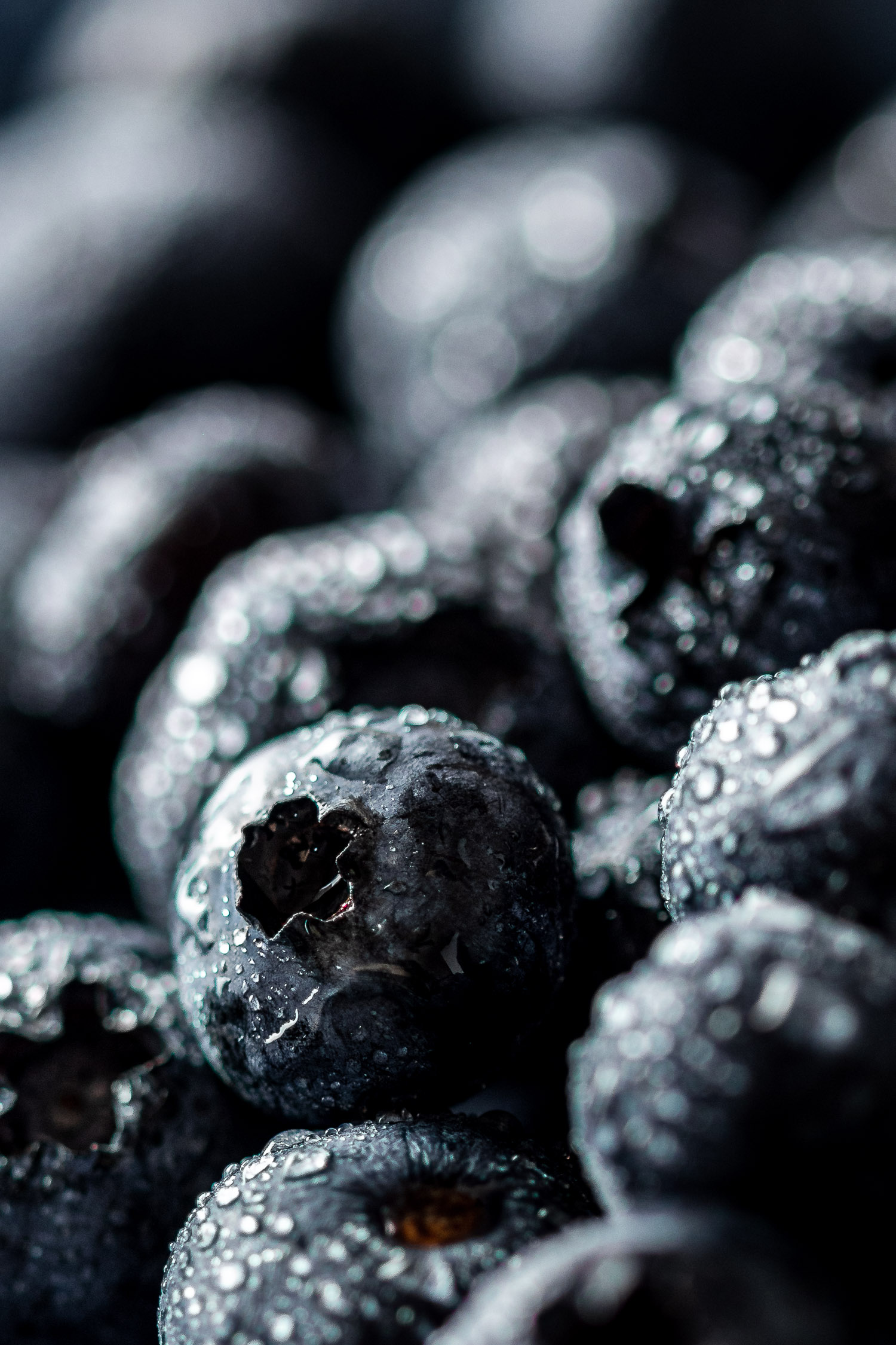 Closeup of blueberries with water drops.