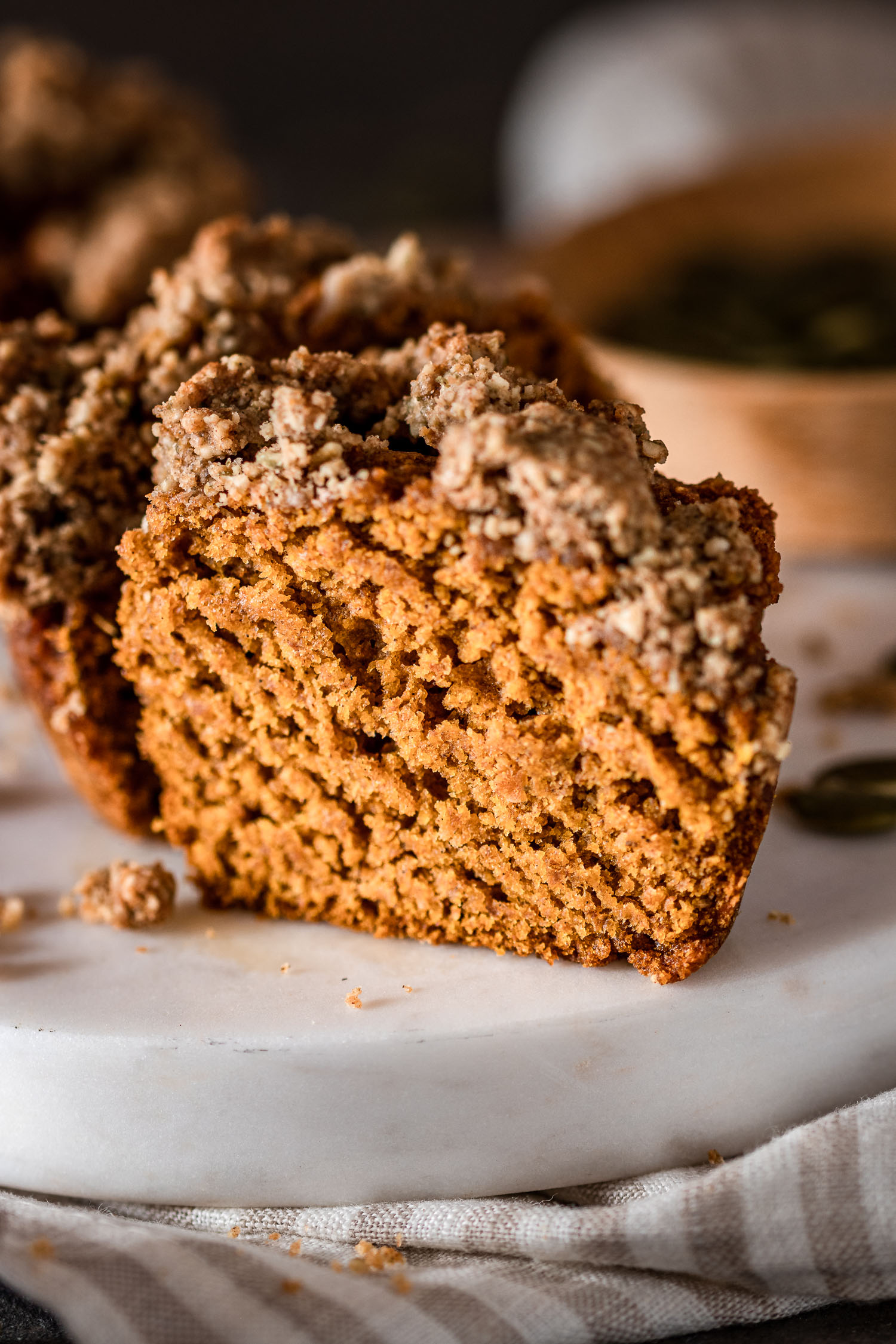 Closeup of pumpkin muffin cut in half