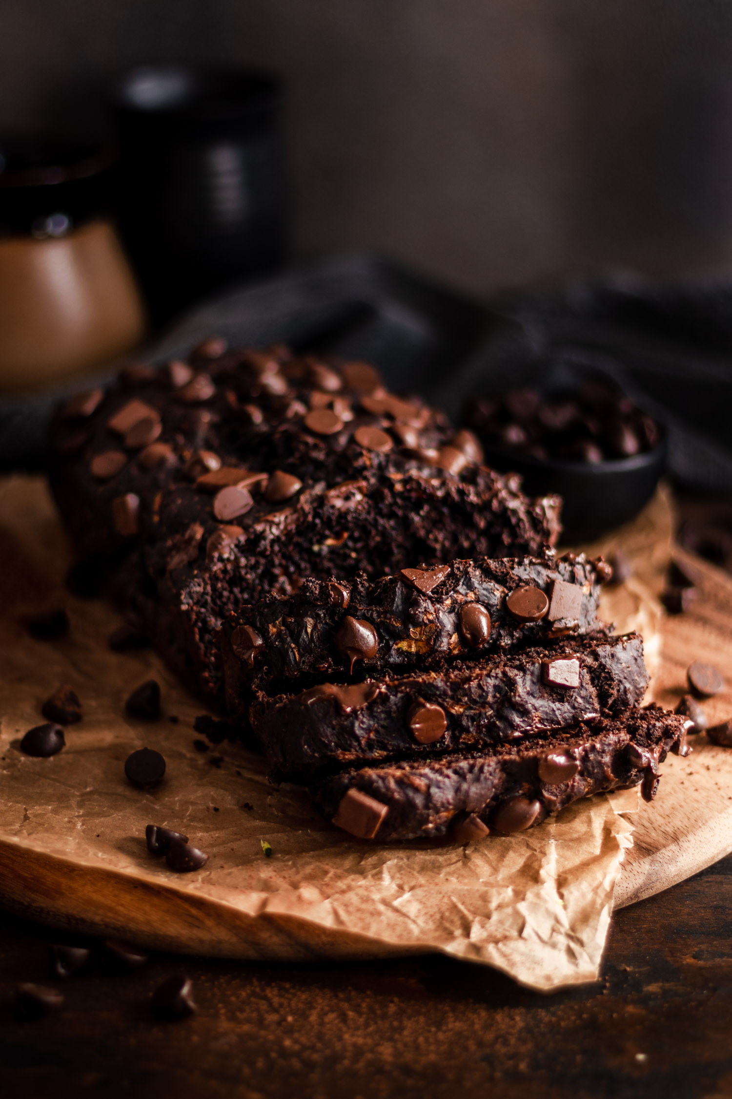 Double chocolate zucchini loaf with glistening chocolate chips