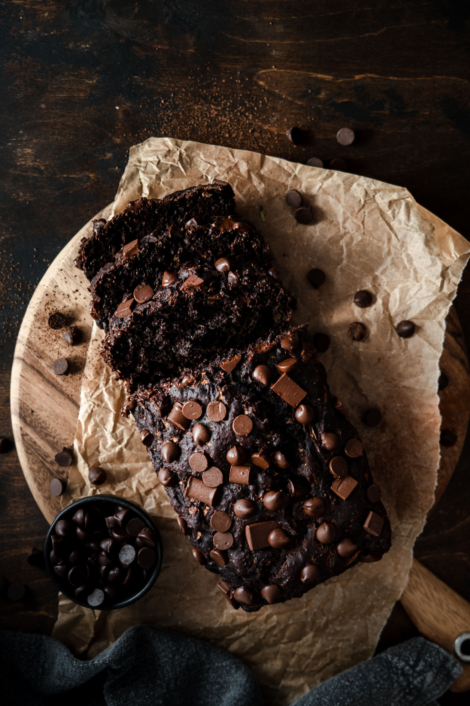 Overhead of double chocolate zucchini loaf, sliced.