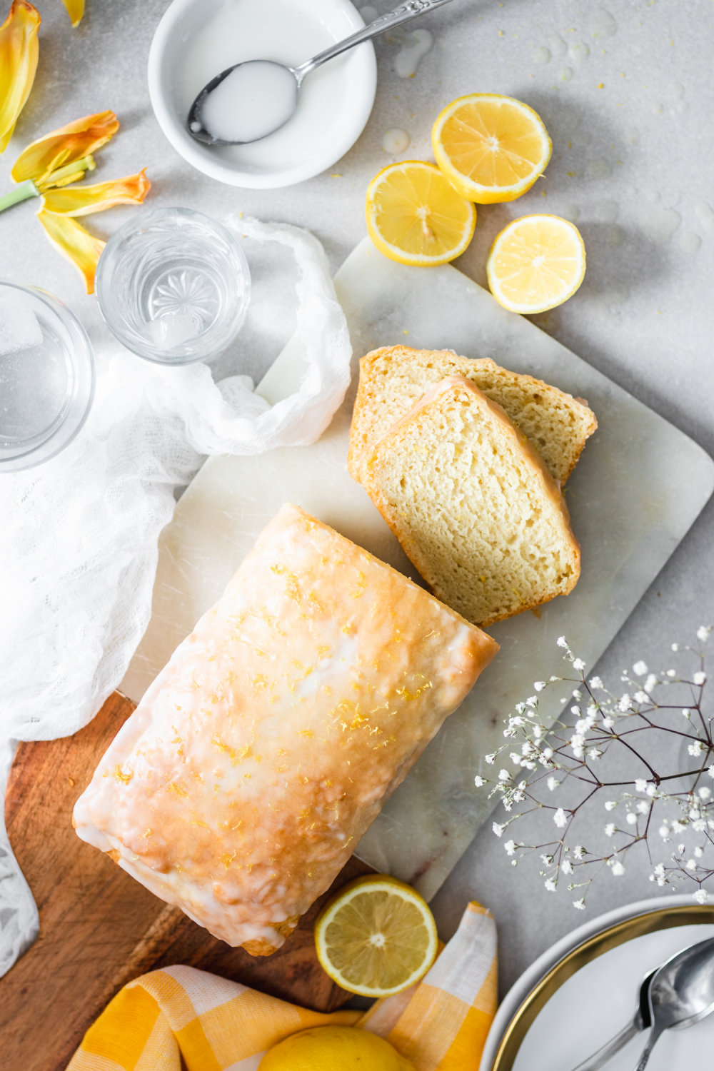 Sliced lemon pound cake from overhead