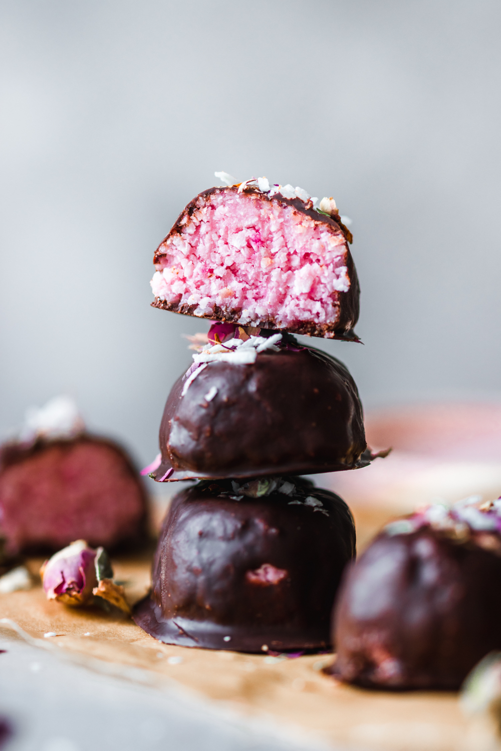 Stacked rose flavored bounty bars with the top one cut in two