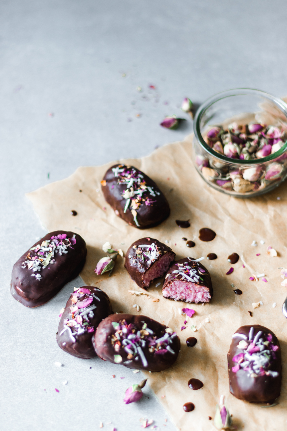 overhead of rose flavored bounty bars on parchment paper