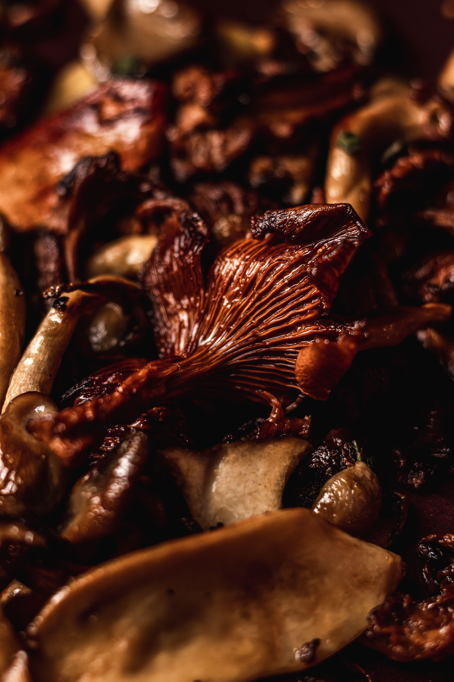 Closeup of glistening cooked mushrooms.