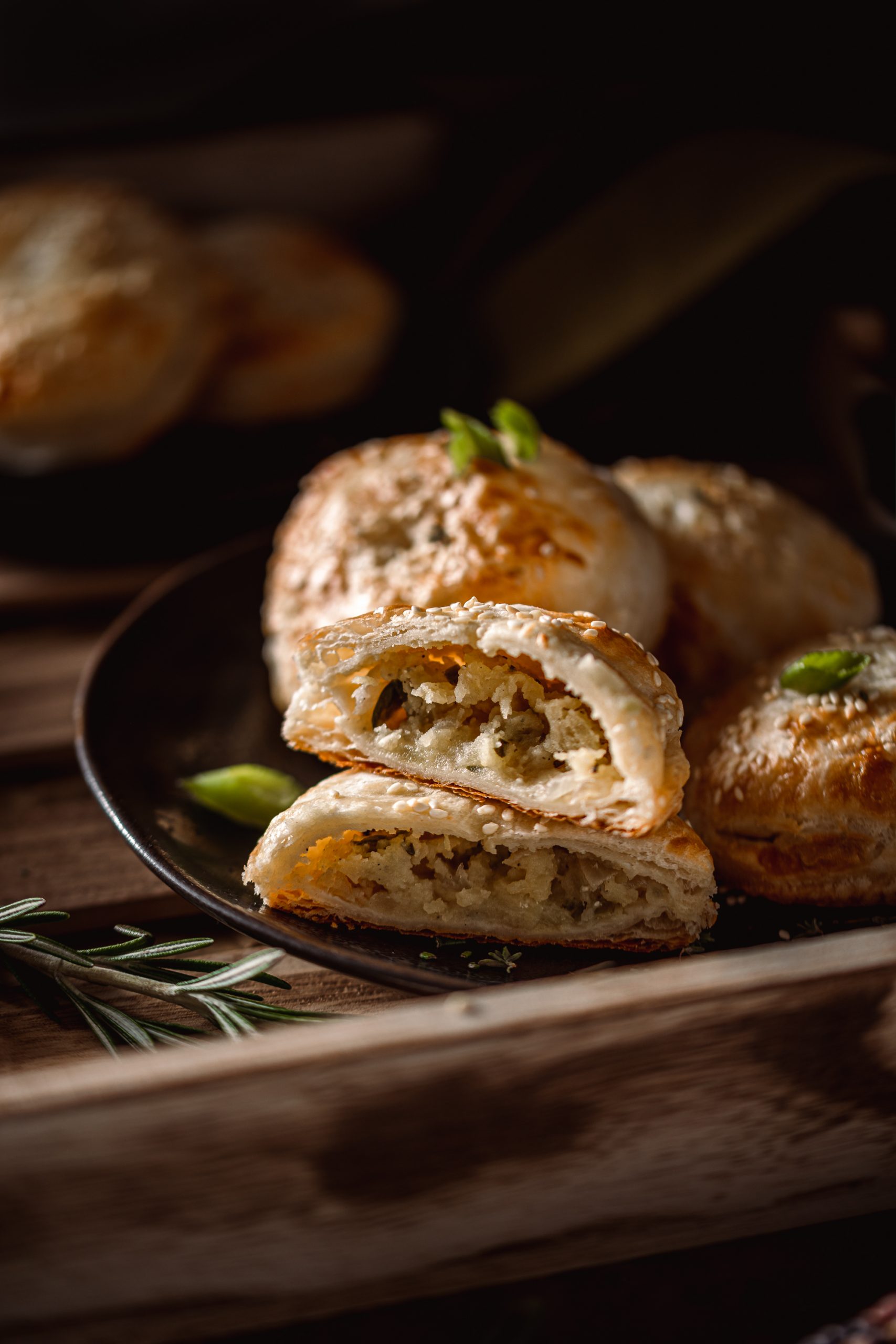 Potato onion hand pies cut in half