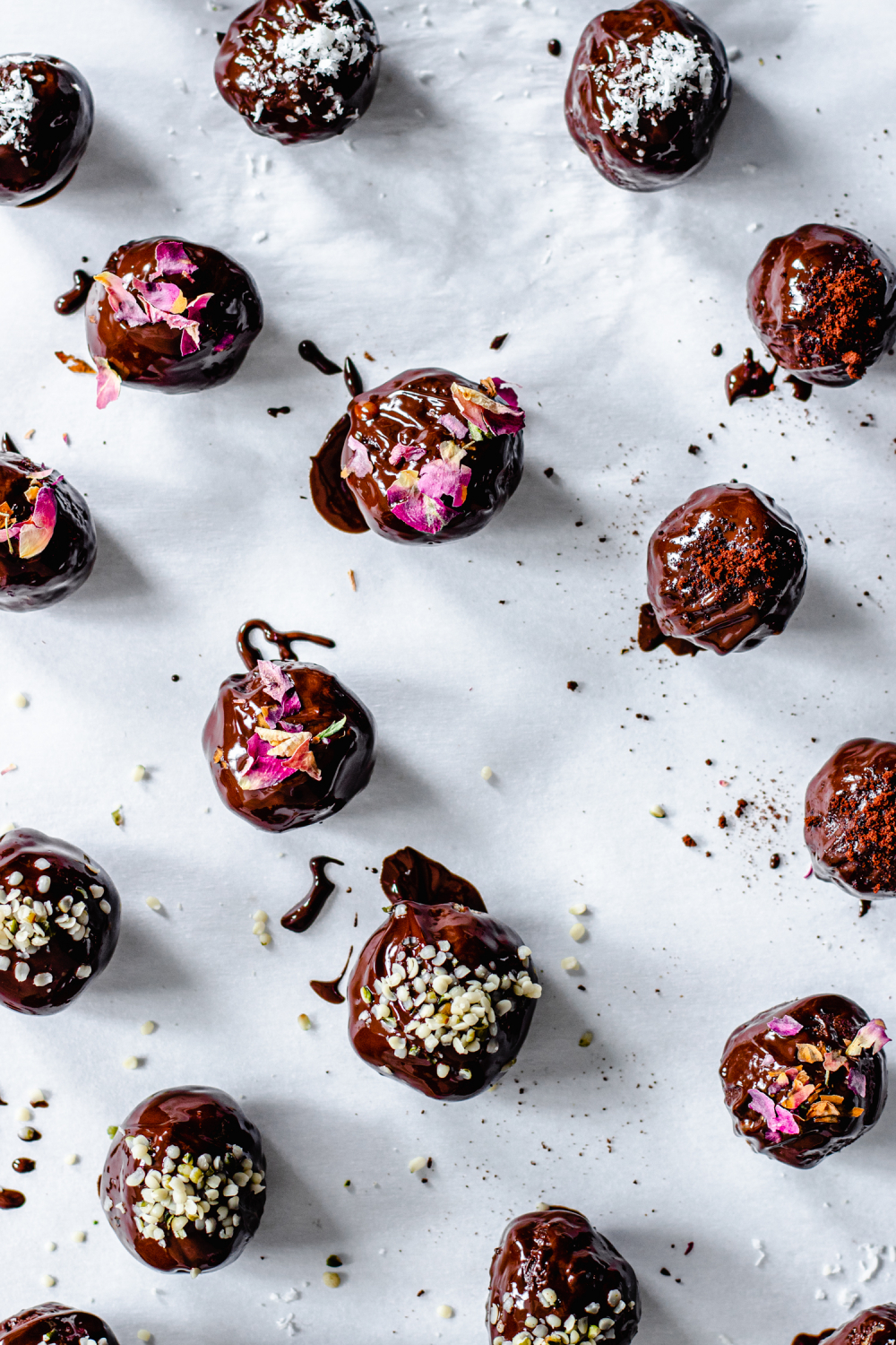 Overhead of Cardamom and Coffee Dark Chocolate Truffles