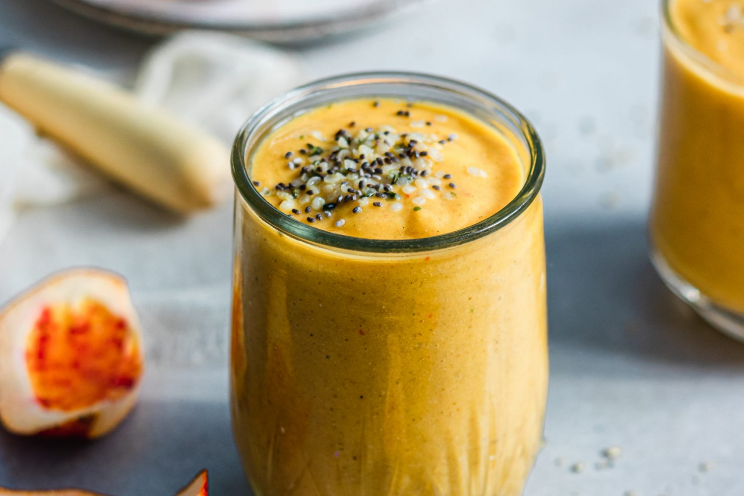 Creamy Butternut Squash and Orange Smoothie topped with chia seeds and hemp hearts