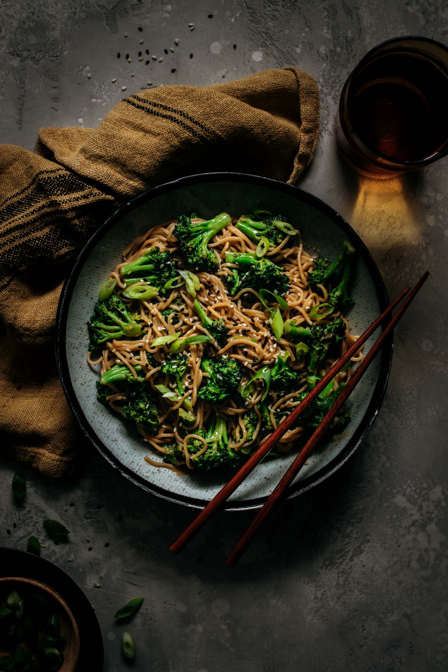 Bowl of creamy sesame and broccoli noodles