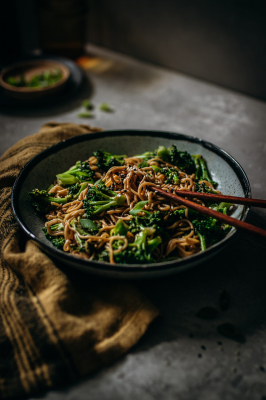 Creamy Sesame and Broccoli Noodles with chopsticks in bowl touching the noodles