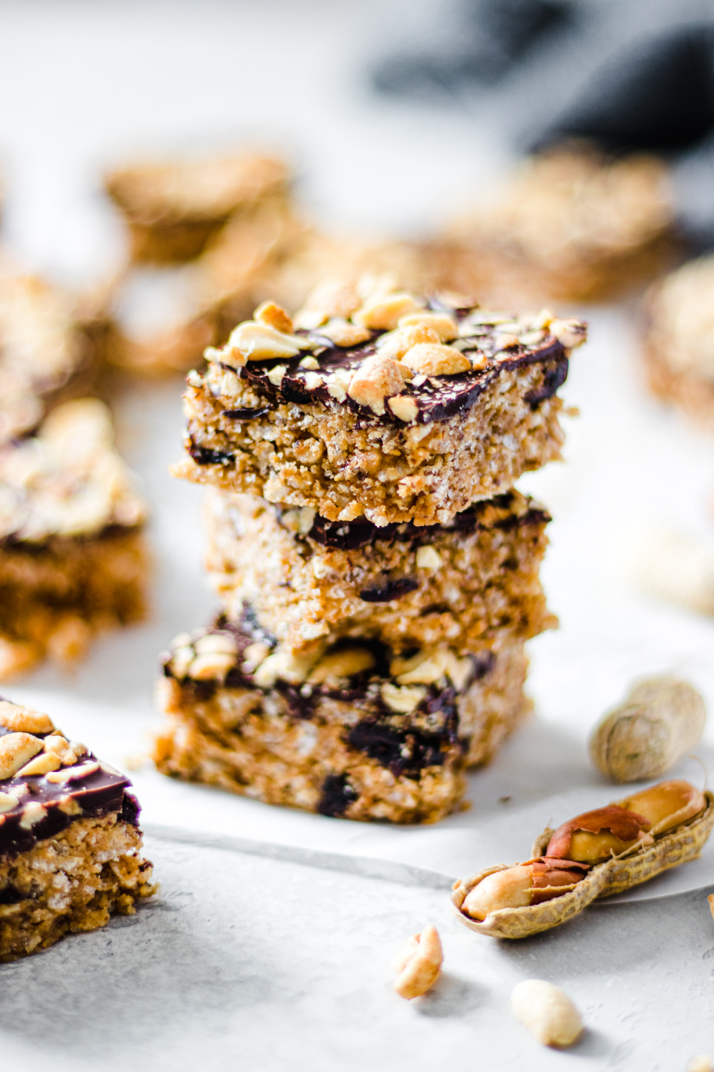 Three stacked Crispy Peanut Butter and Chocolate Squares