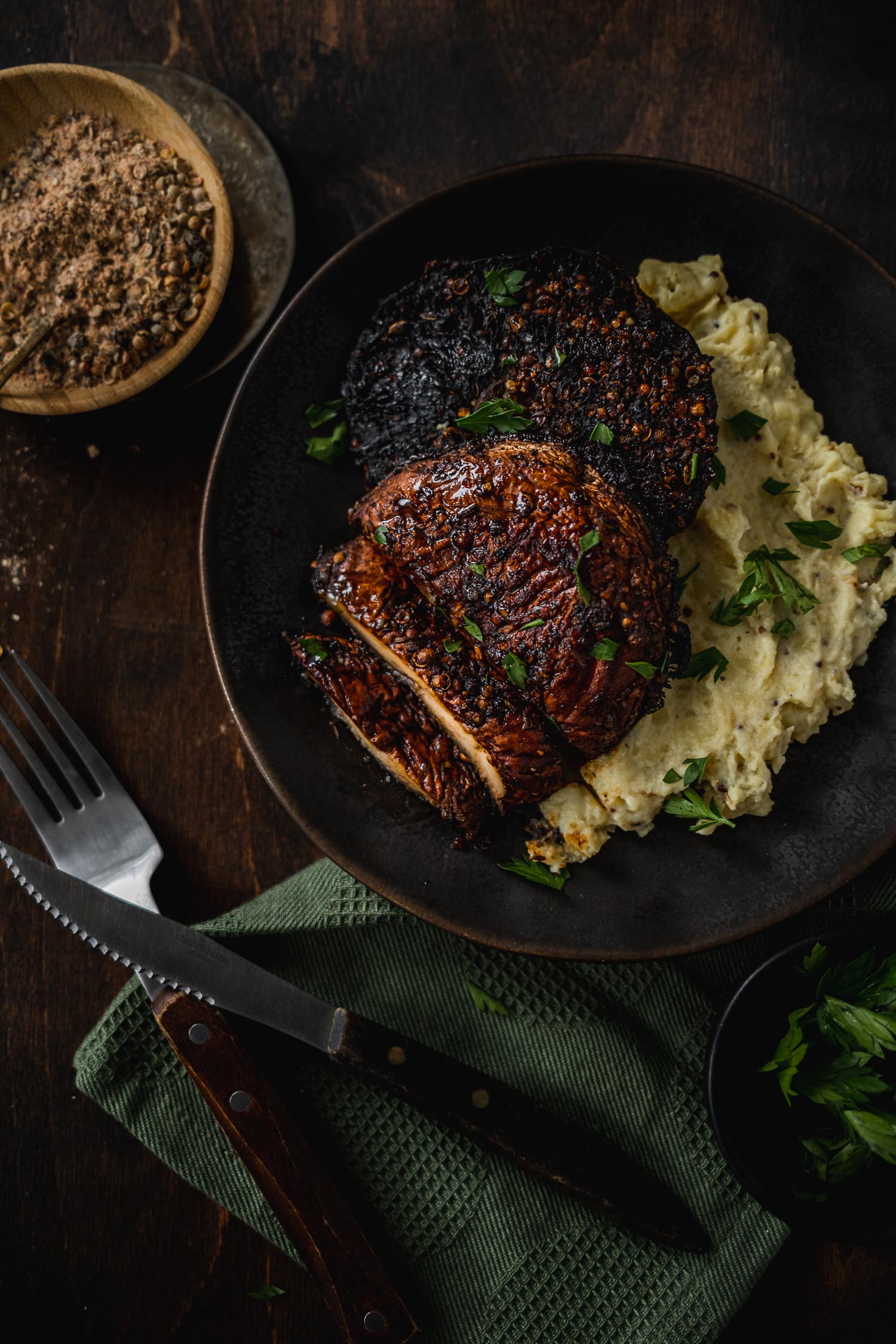 Overhead of portobello stead on a bed of mashed potatoes