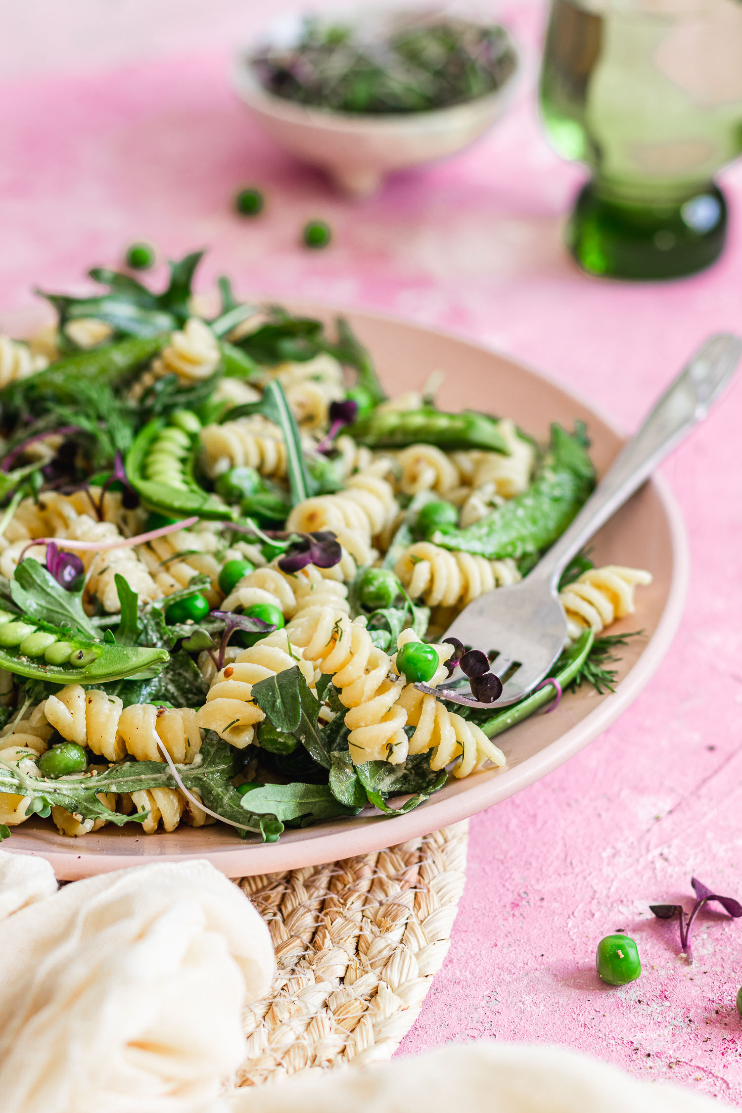 Closeup of pasta salad on fork