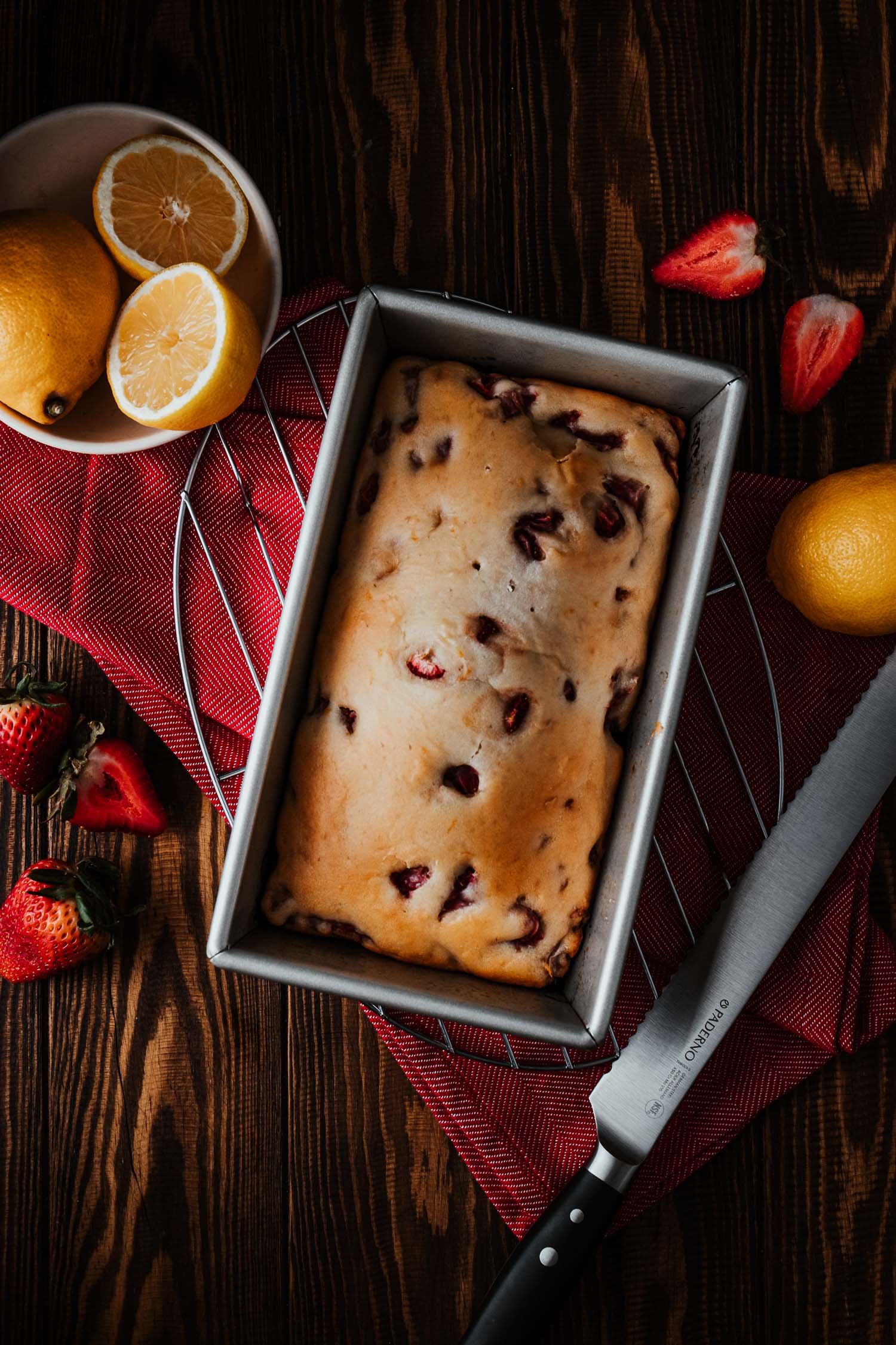 Strawberry lemon loaf from top, in pan, unglazed.