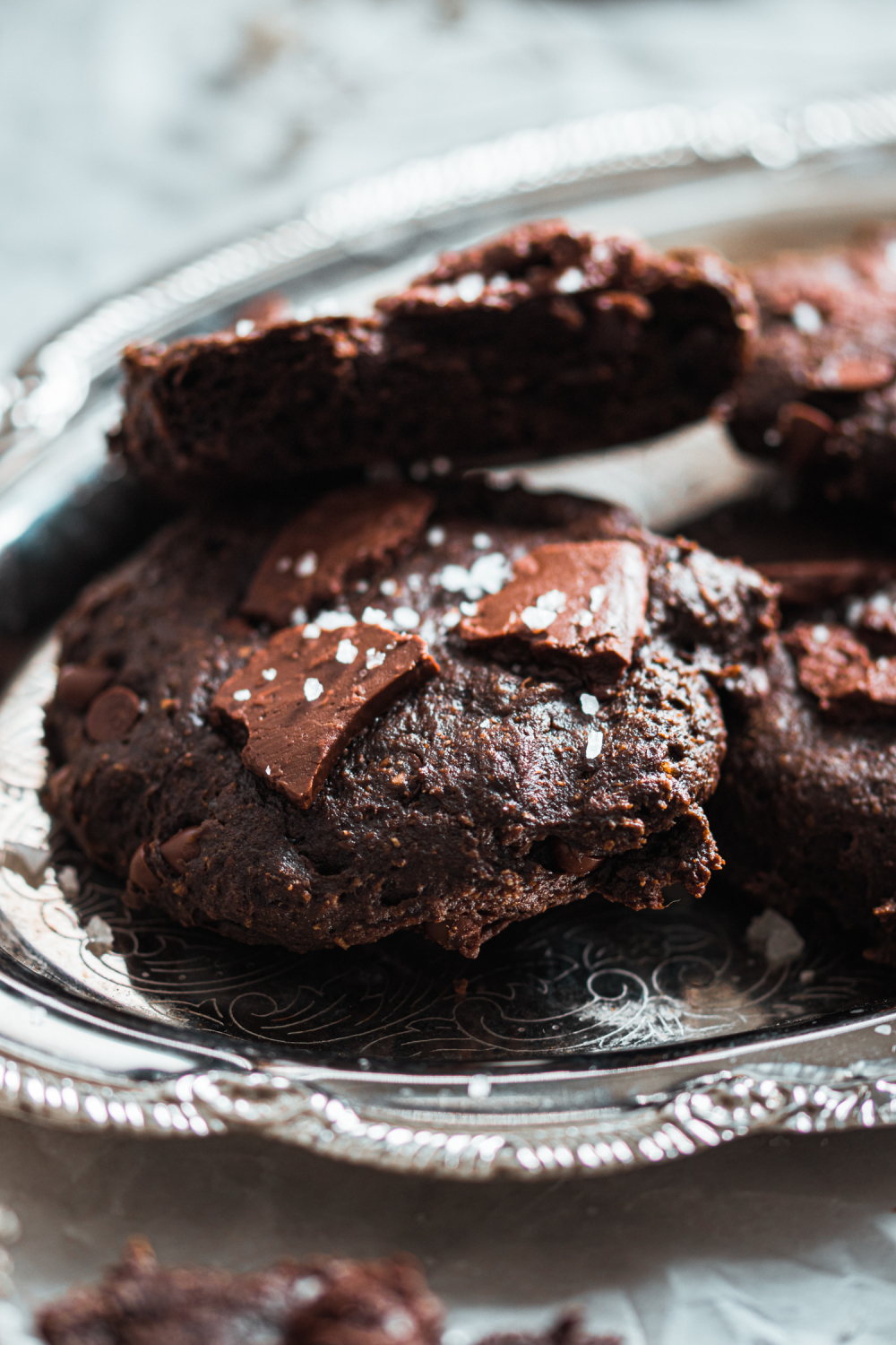 Close up of Double Chocolate Cookies with fleur de sel sprinkled on top