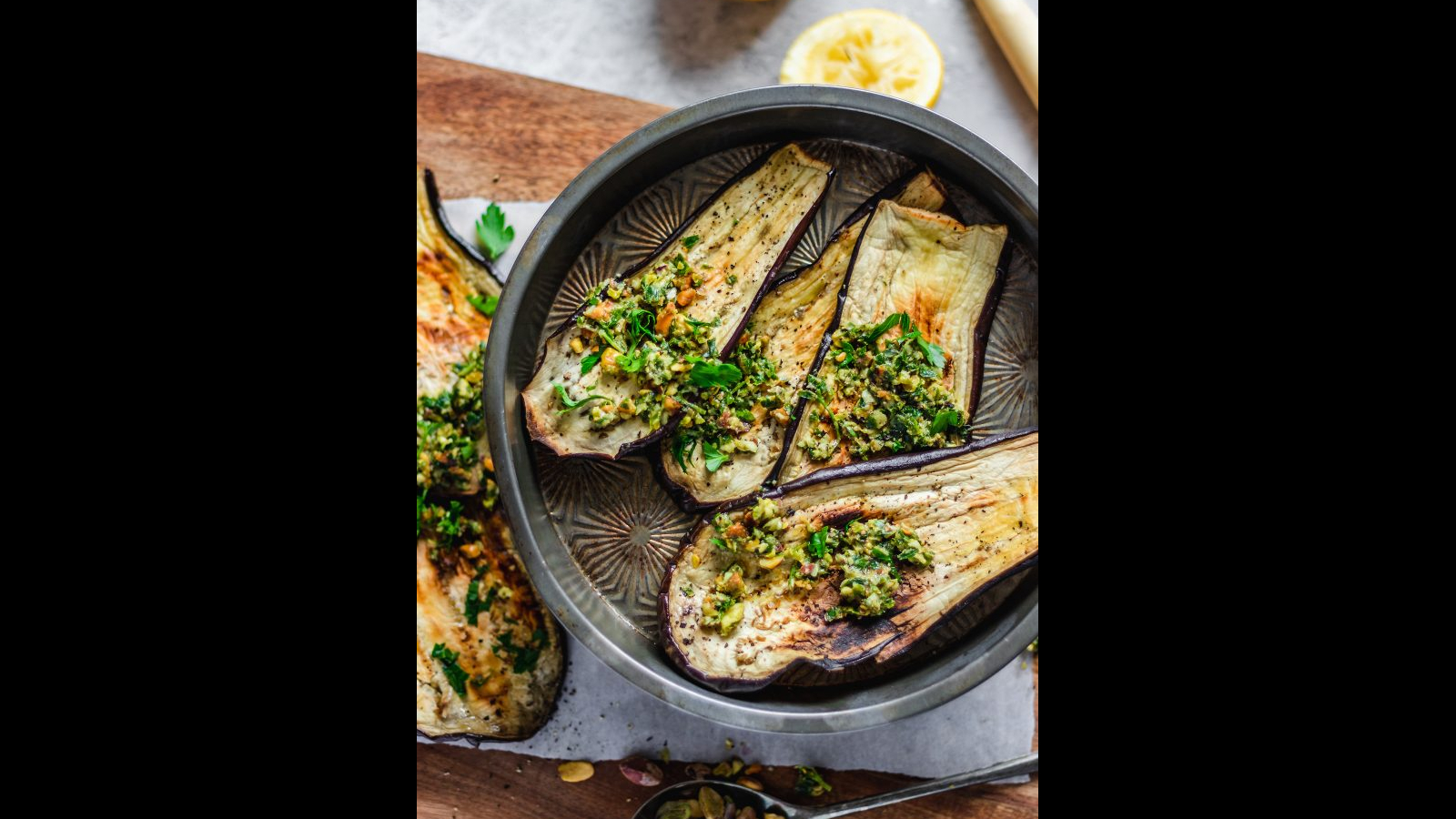 Roasted Eggplant with Pistachio Gremolata | Murielle Banackissa