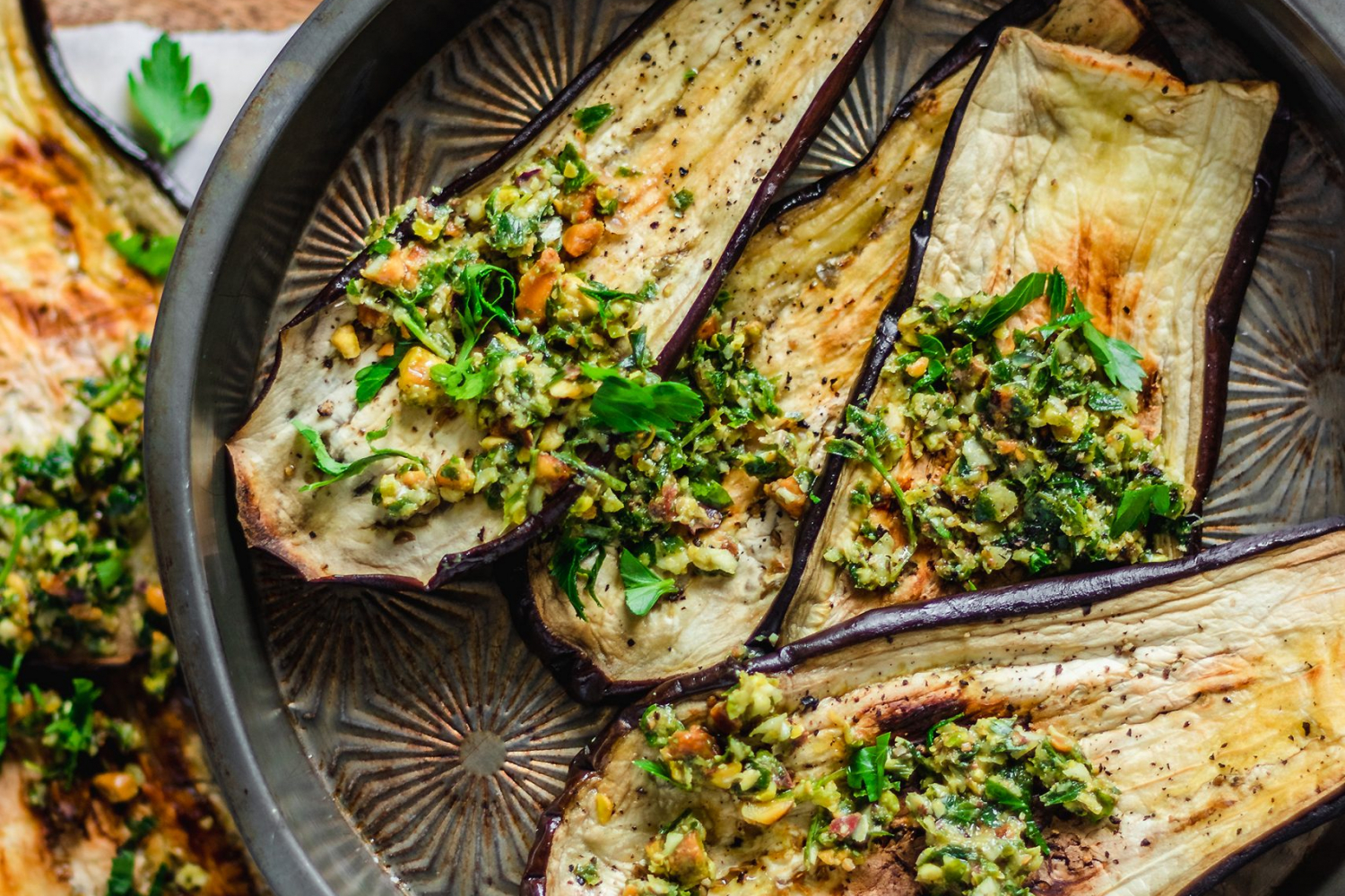 Roasted Eggplant with Pistachio Gremolata