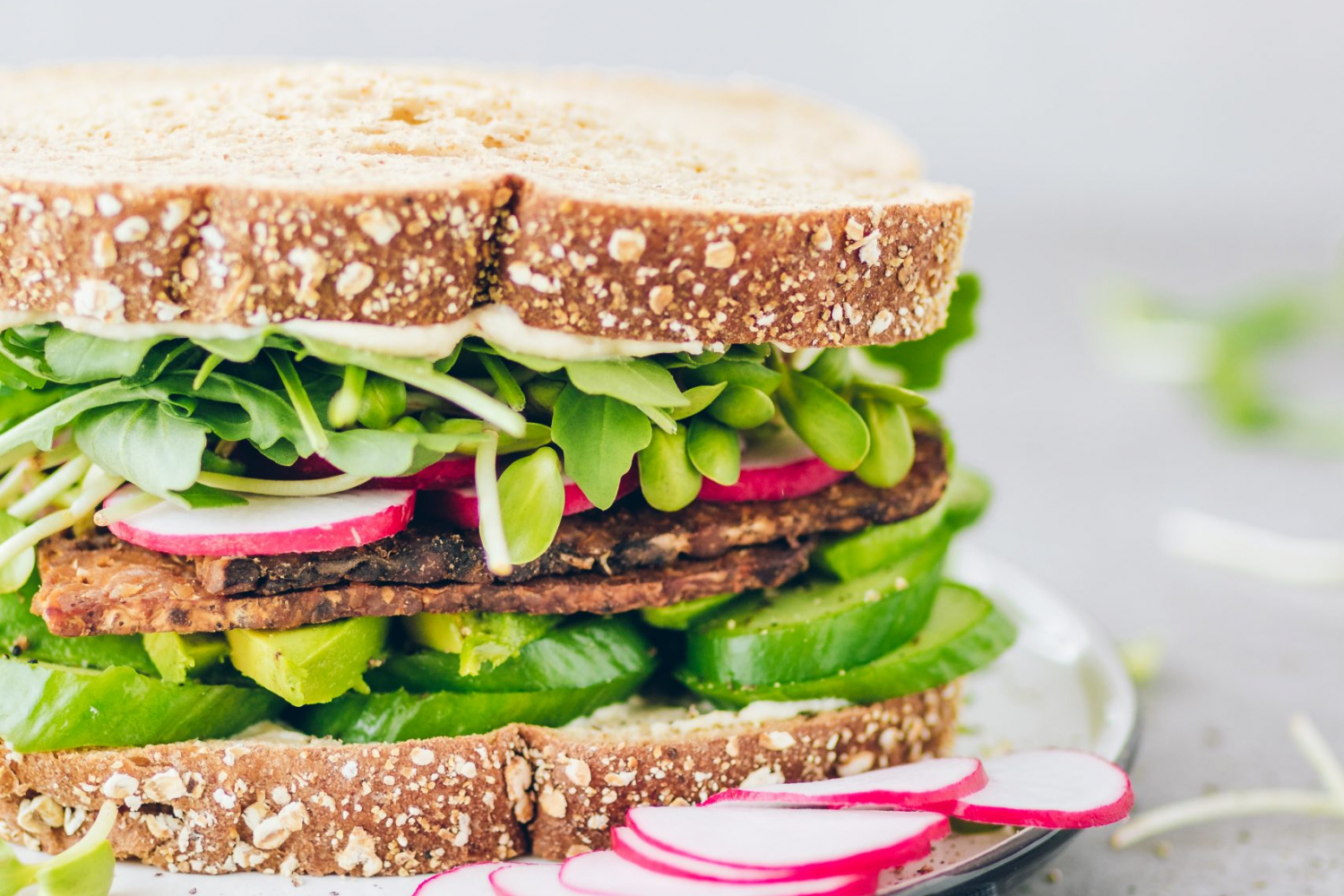 Spring Sandwich with Tempeh Bacon, Arugula and Broccoli Sprouts