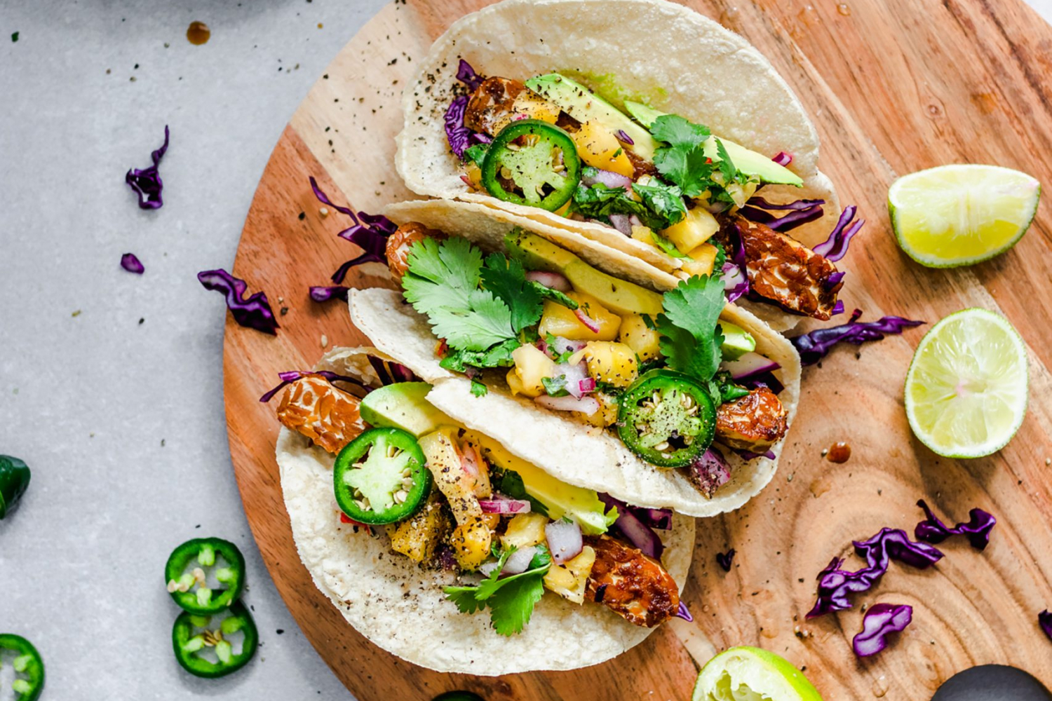 Overhead of Maple Glazed Tempeh Tacos with Pineapple Salsa