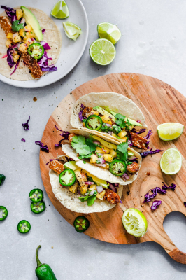 Overhead of Maple Glazed Tempeh Tacos with Pineapple Salsa