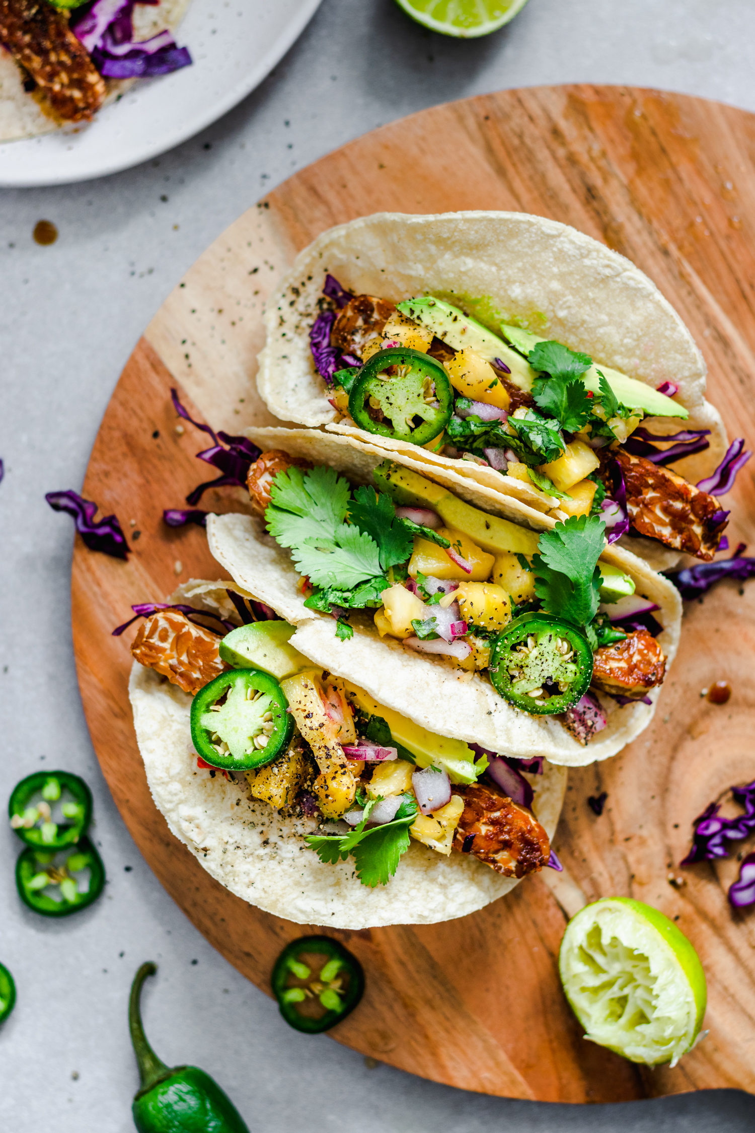 Overhead of 3 Maple Glazed Tempeh Tacos with Pineapple Salsa