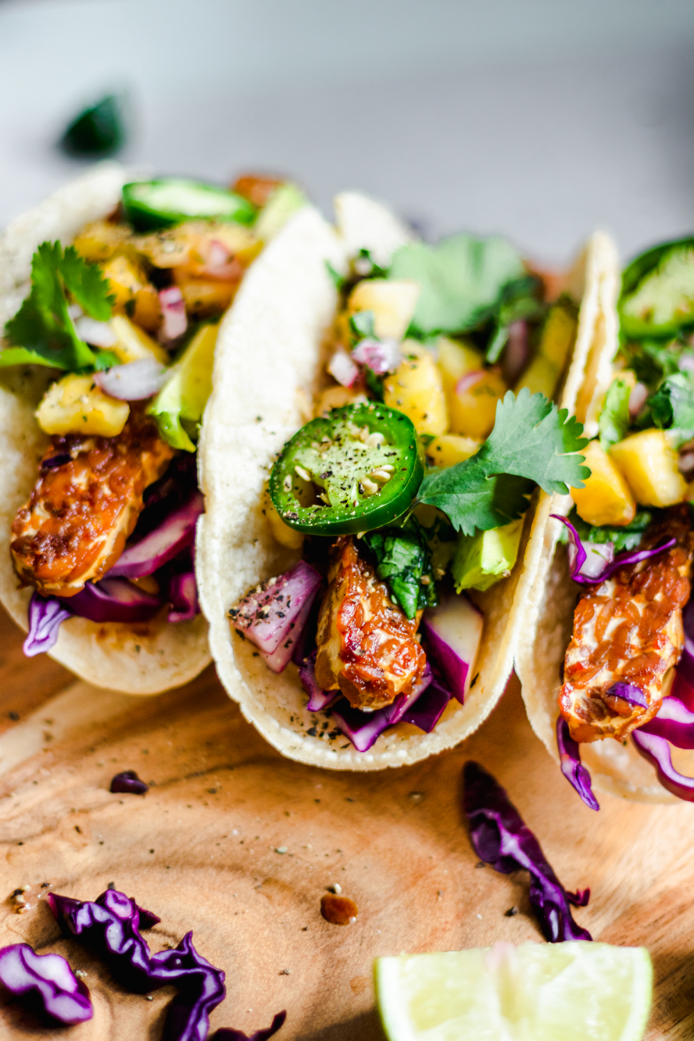 Maple Glazed Tempeh Tacos with Pineapple Salsa with jalapenos and coriander