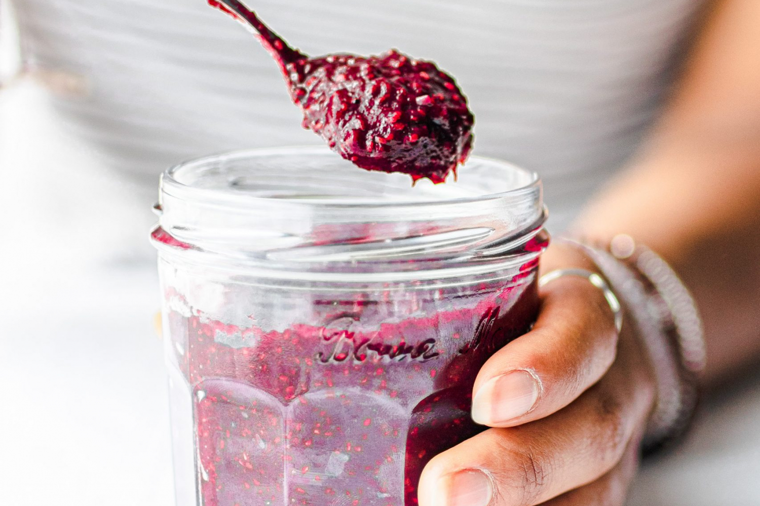 Sugar Free Berry Jam being scooped out with a spoon