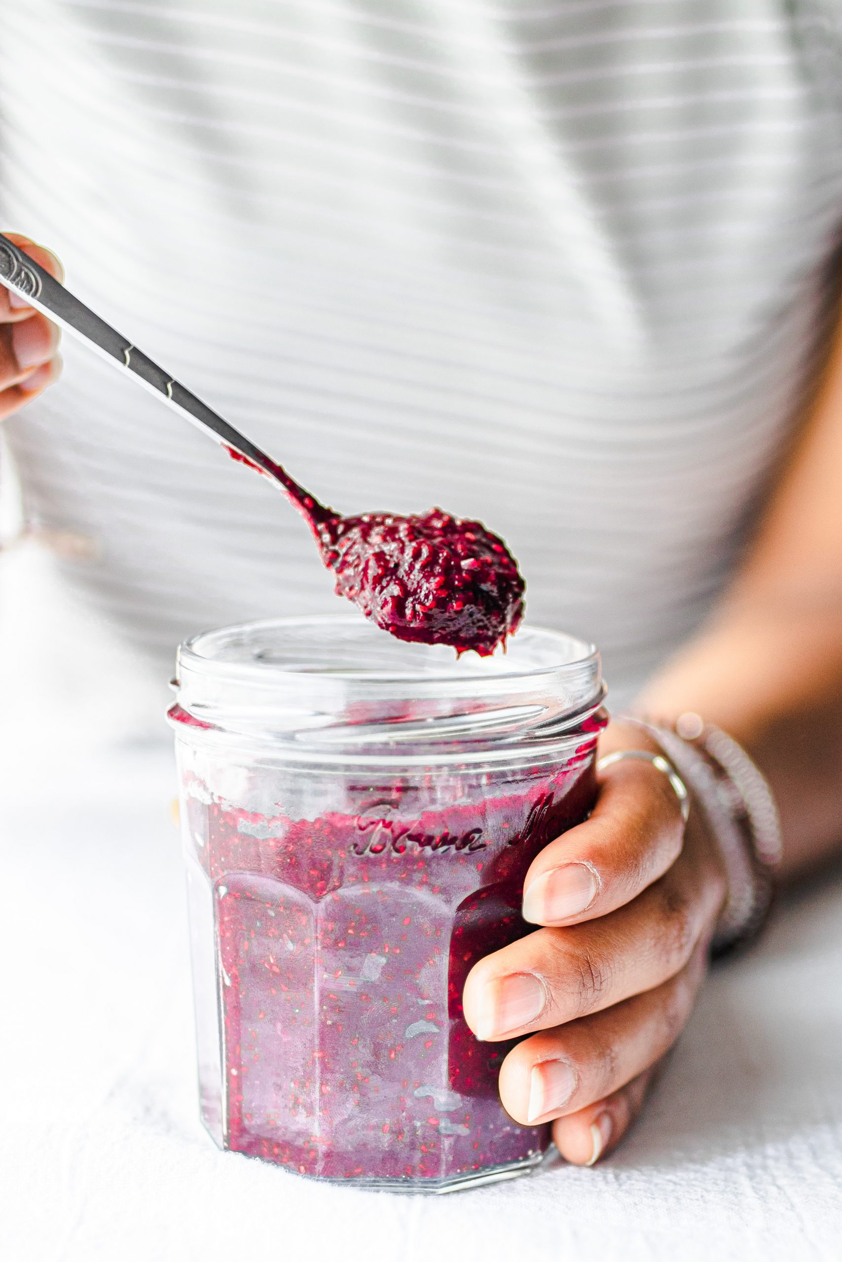 Sugar Free Berry Jam being scooped out with a spoon