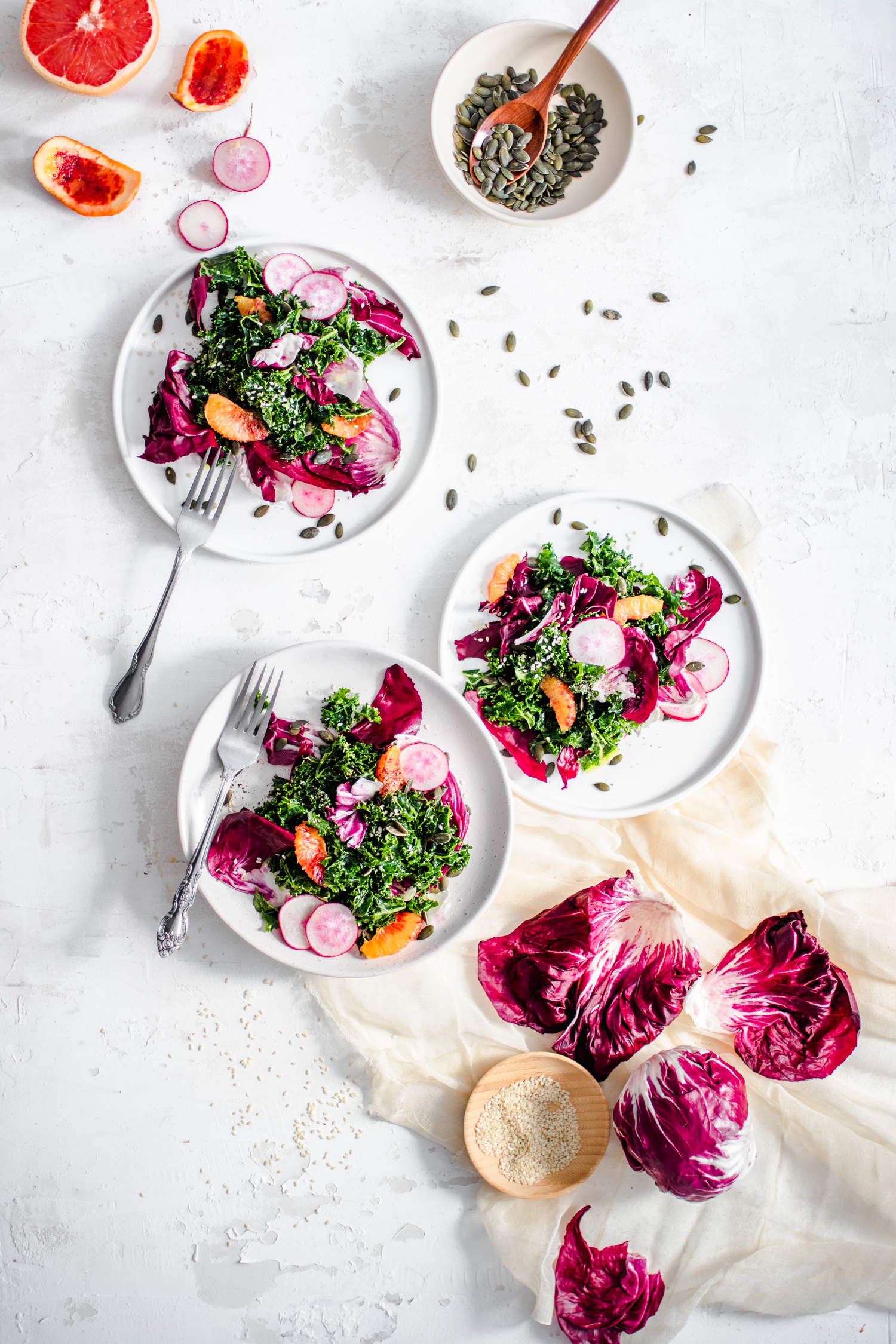 Overhead of Kale & Radicchio Salad with Tangy Grapefruit Dressing