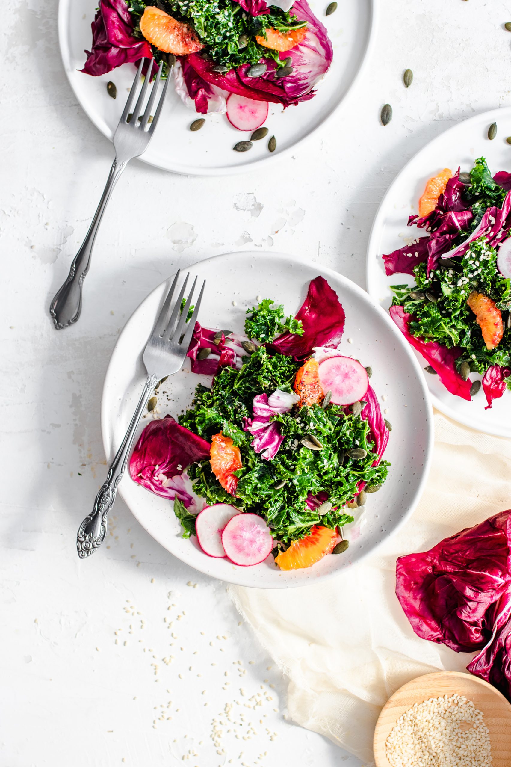 Overhead of Kale block-cover-recipe Radicchio Salad with Tangy Grapefruit Dressing