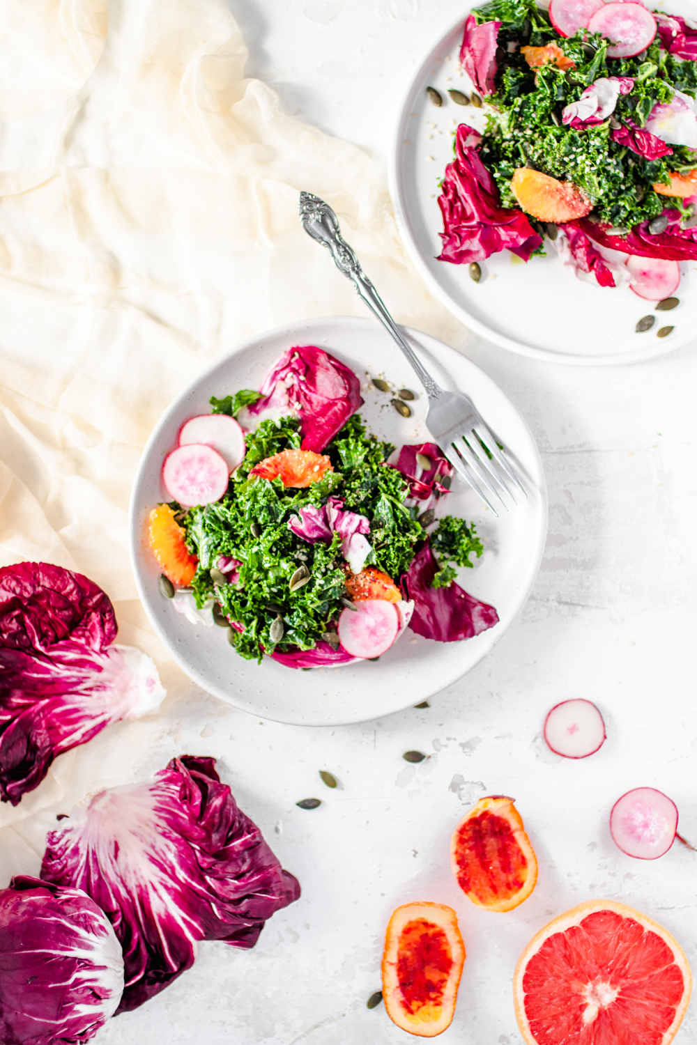 Overhead of Kale block-cover-recipe Radicchio Salad with Tangy Grapefruit Dressing