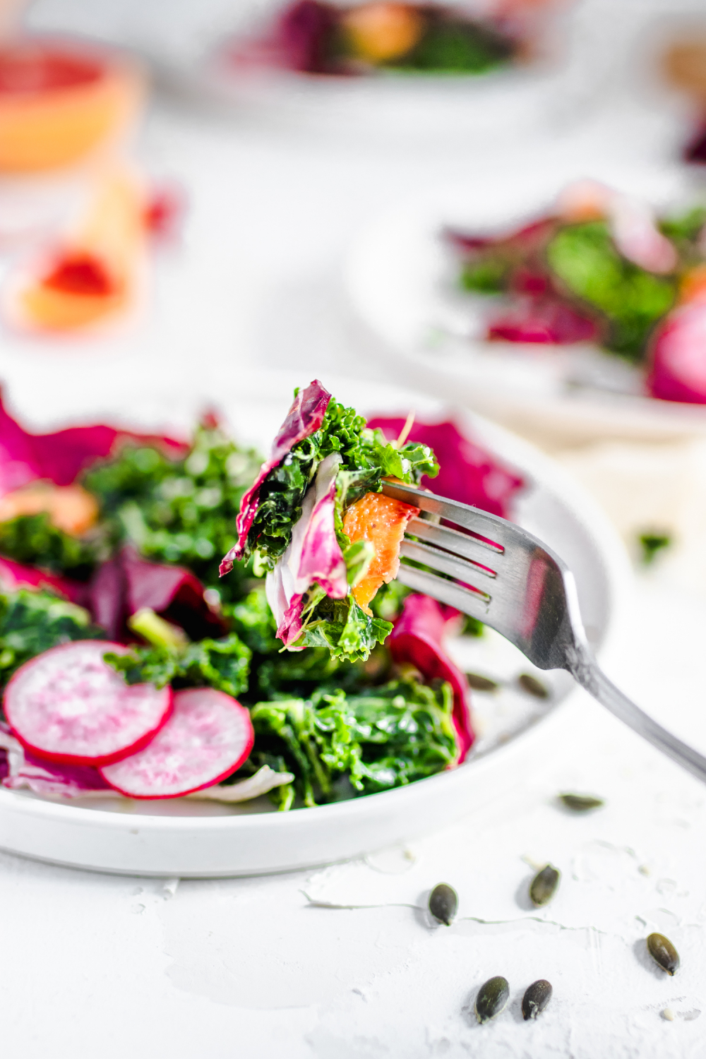 Closeup of a bite of Kale block-cover-recipe Radicchio Salad with Tangy Grapefruit Dressing