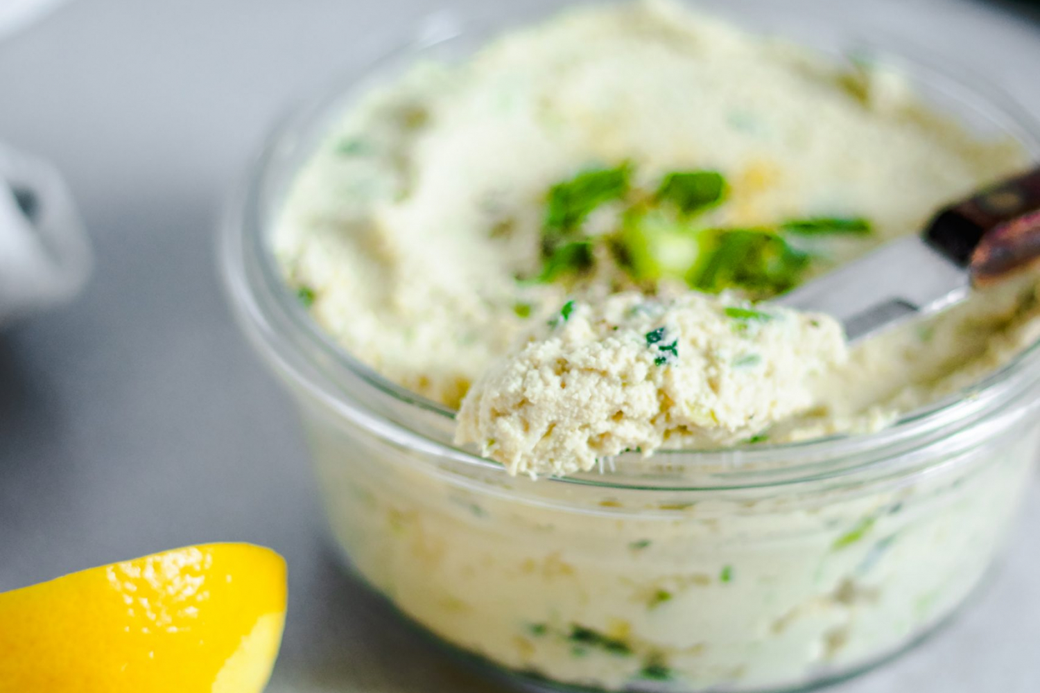 Green Onion Tofu Spread on a knife