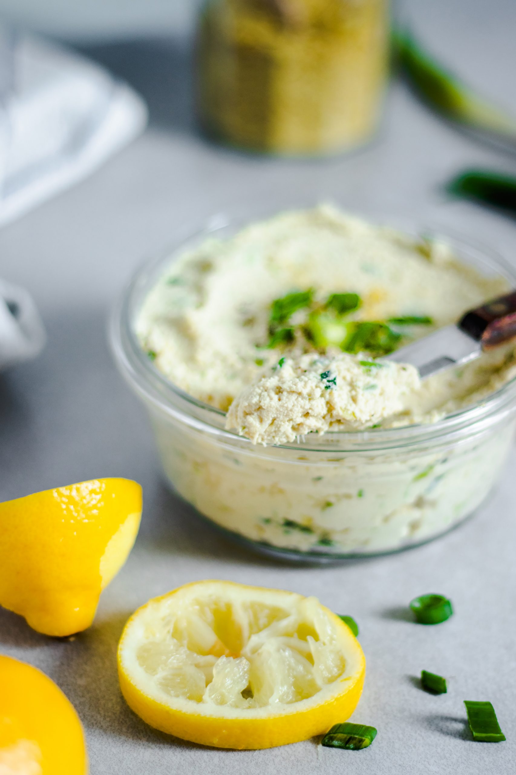 Green Onion Tofu Spread on a knife