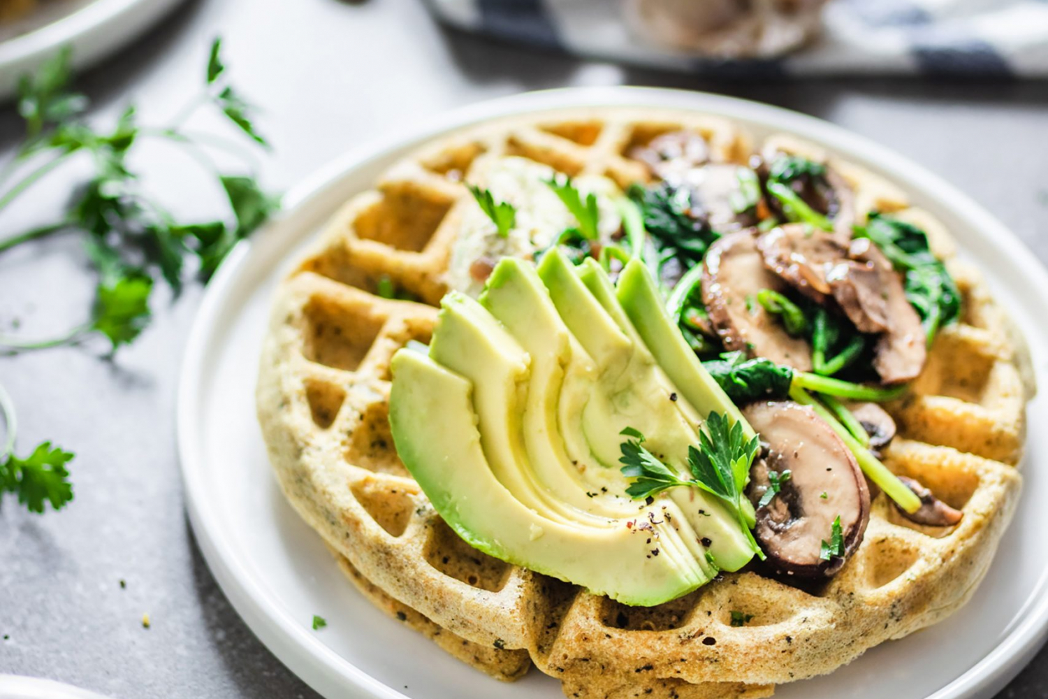 Corn Meal Waffles with Sautéed Cremini Mushrooms and Spinach