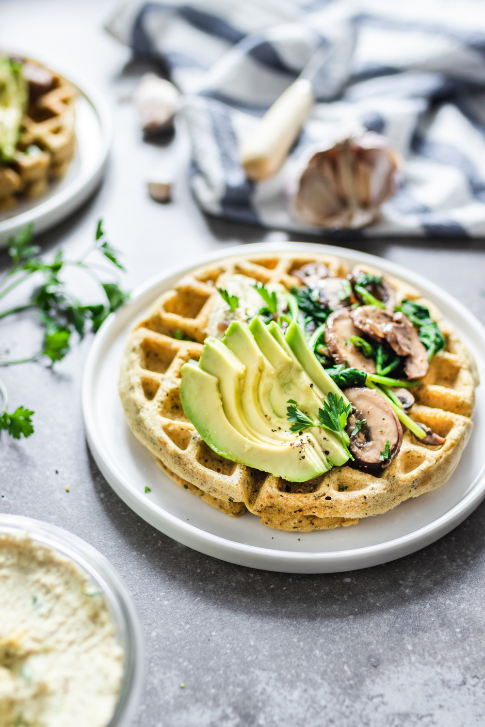 Corn Meal Waffles with Sautéed Cremini Mushrooms and Spinach